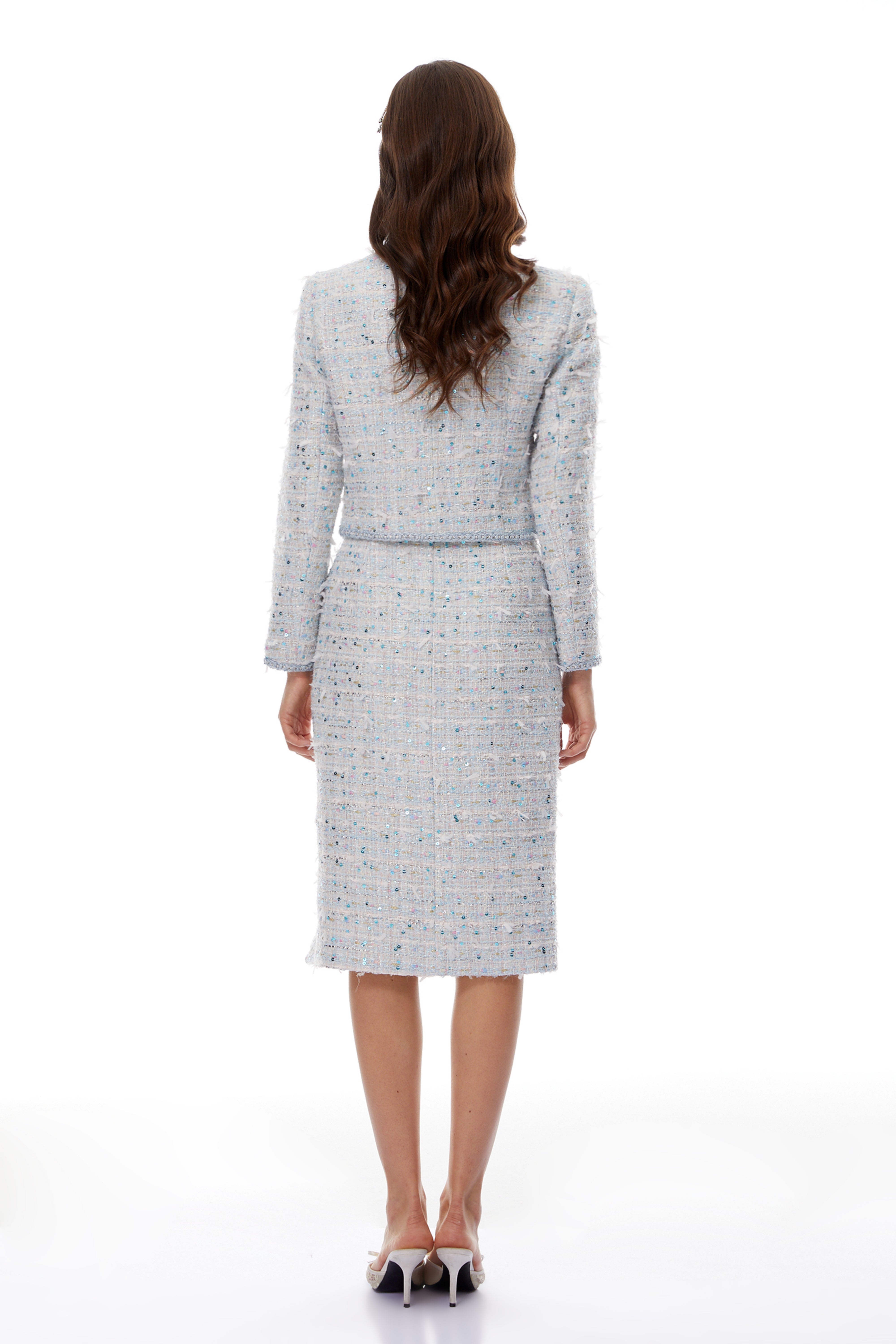 Cornelia Blue Sequin Tweed Jacket & Slit Skirt Set