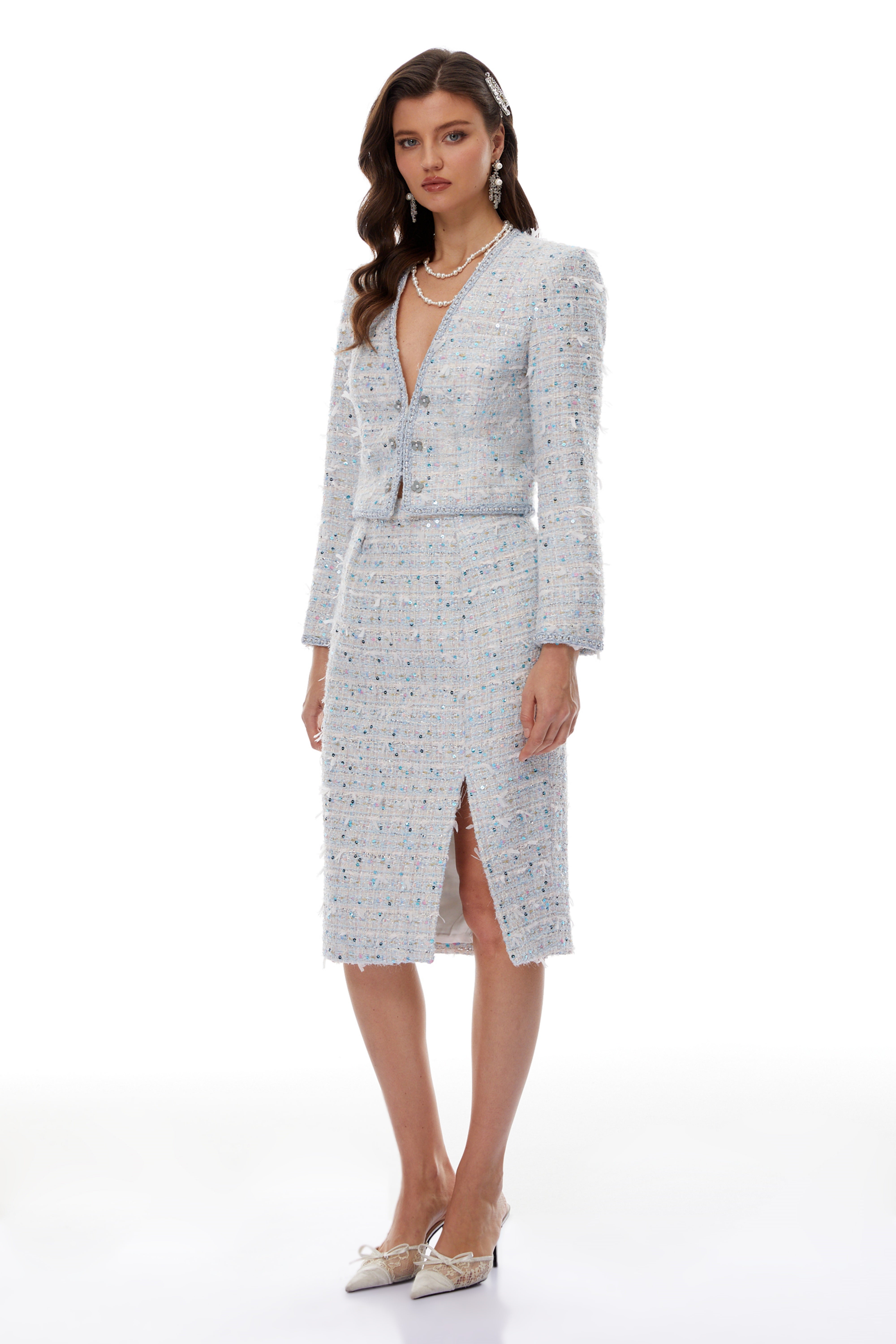 Cornelia Blue Sequin Tweed Jacket & Slit Skirt Set (Final Sale)