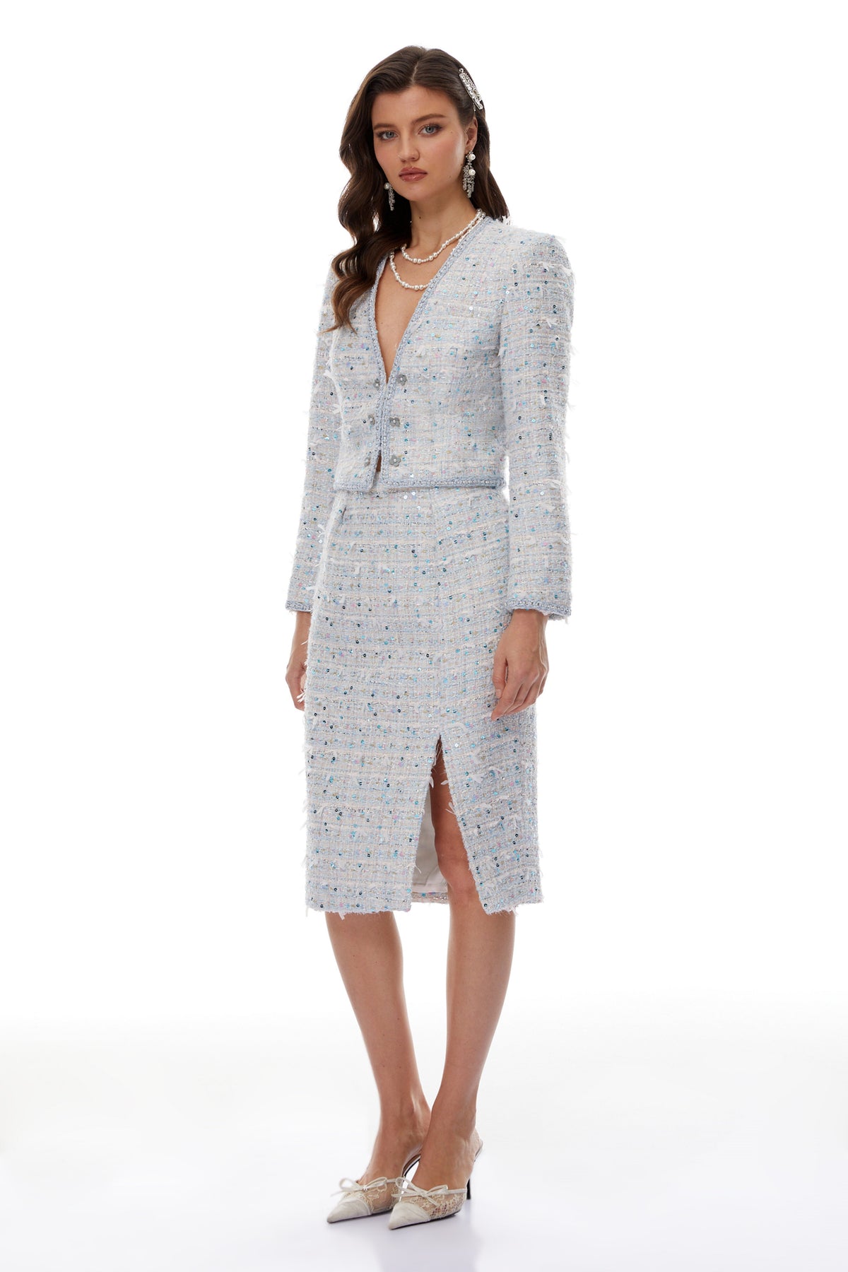 Cornelia Blue Sequin Tweed Jacket & Slit Skirt Set (Final Sale)