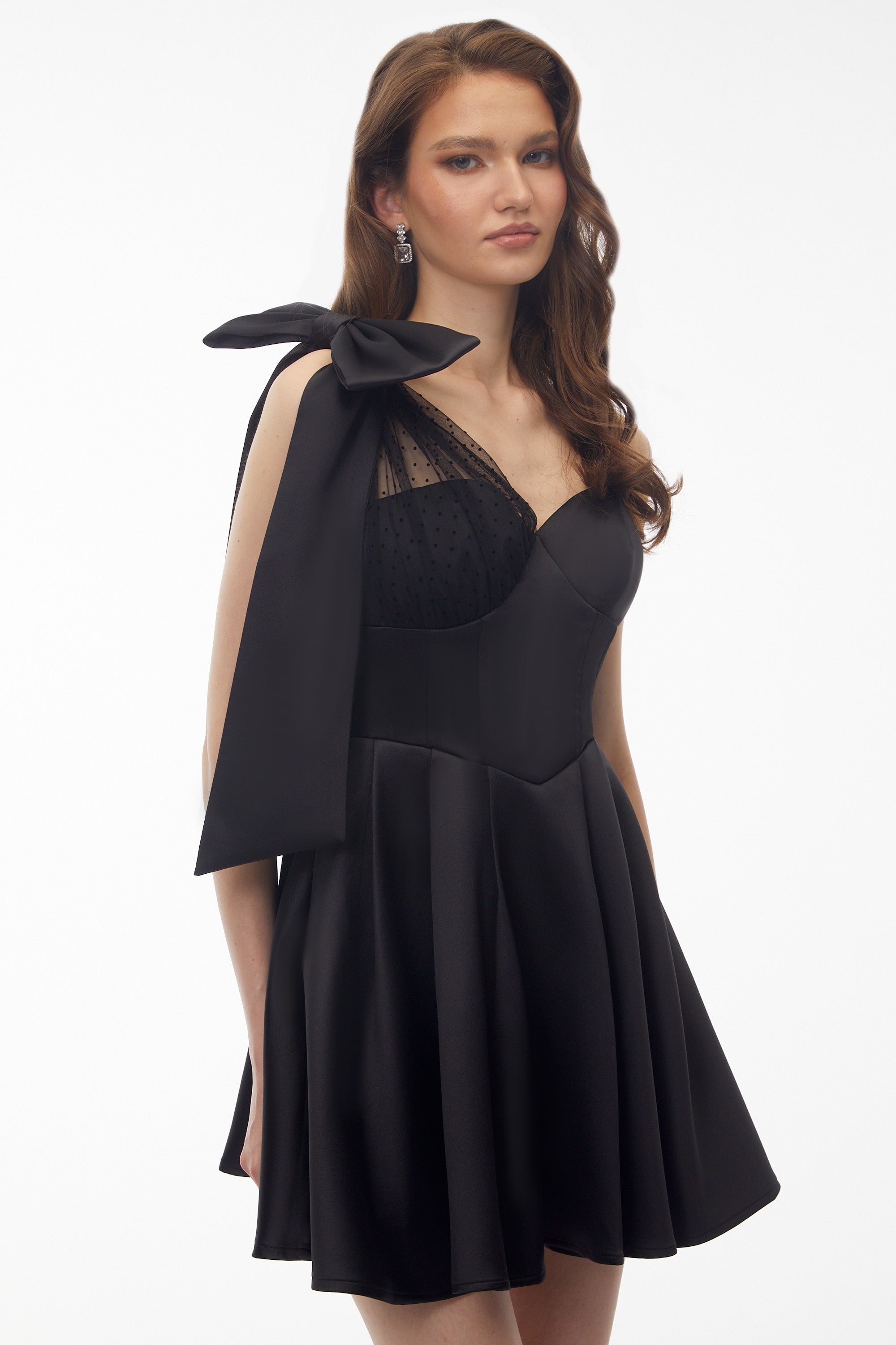 Cressida Black One Shoulder Lace Panel Mini Dress with Bow (Final Sale)