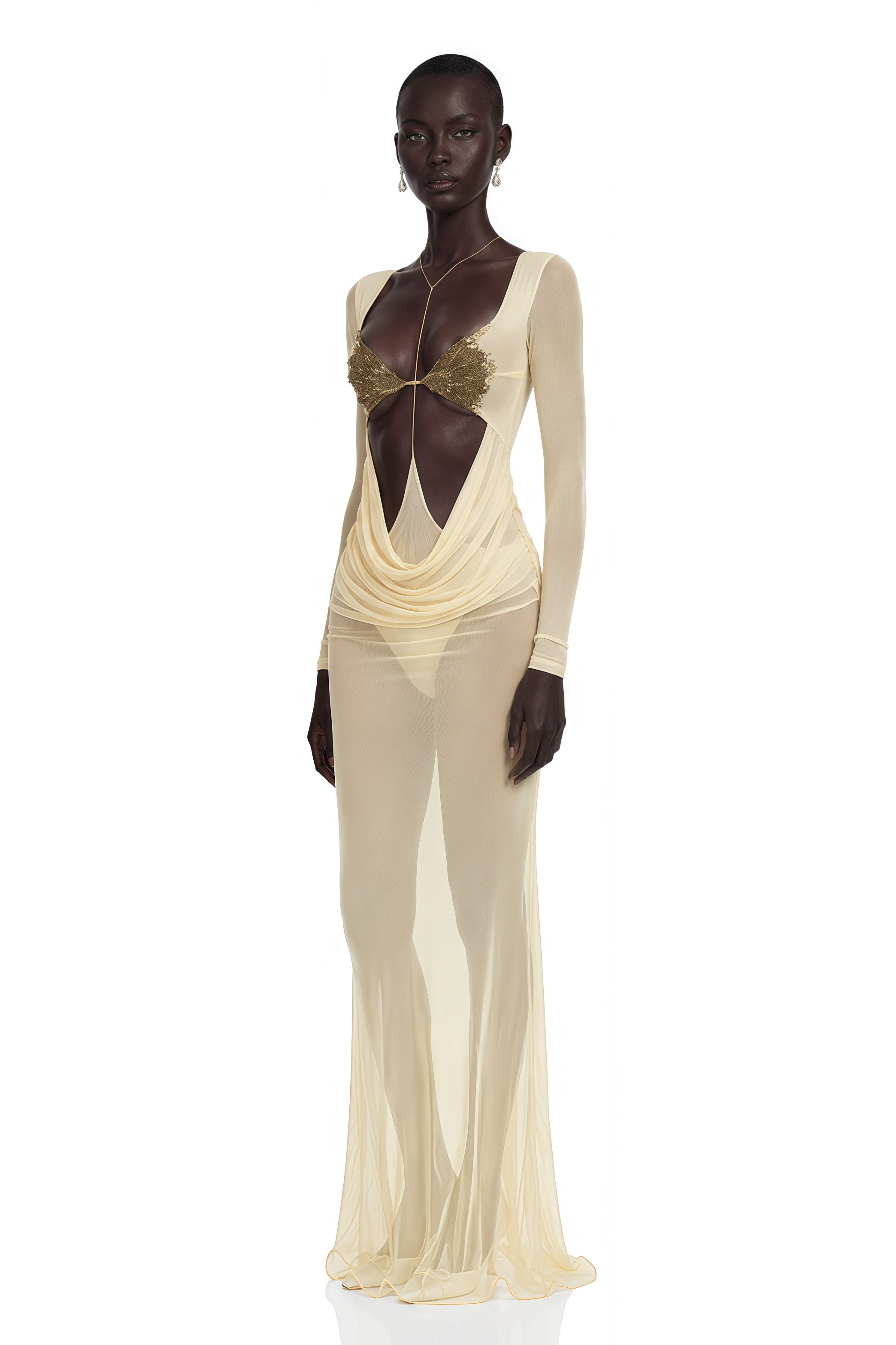 Cressida Yellow Cut-Out Semi-Sheer Fishtail Maxi Dress