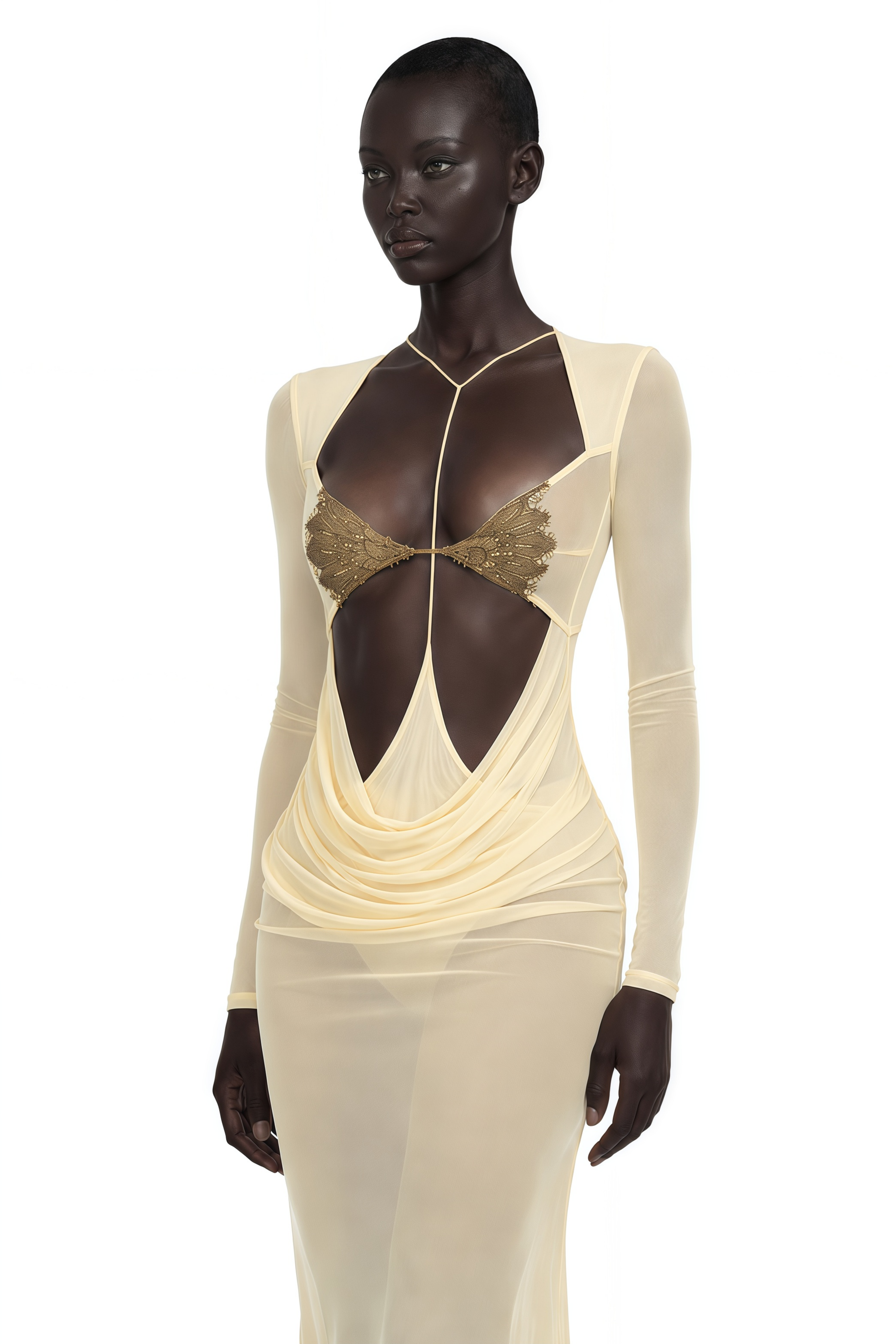 Cressida Yellow Cut-Out Semi-Sheer Fishtail Maxi Dress