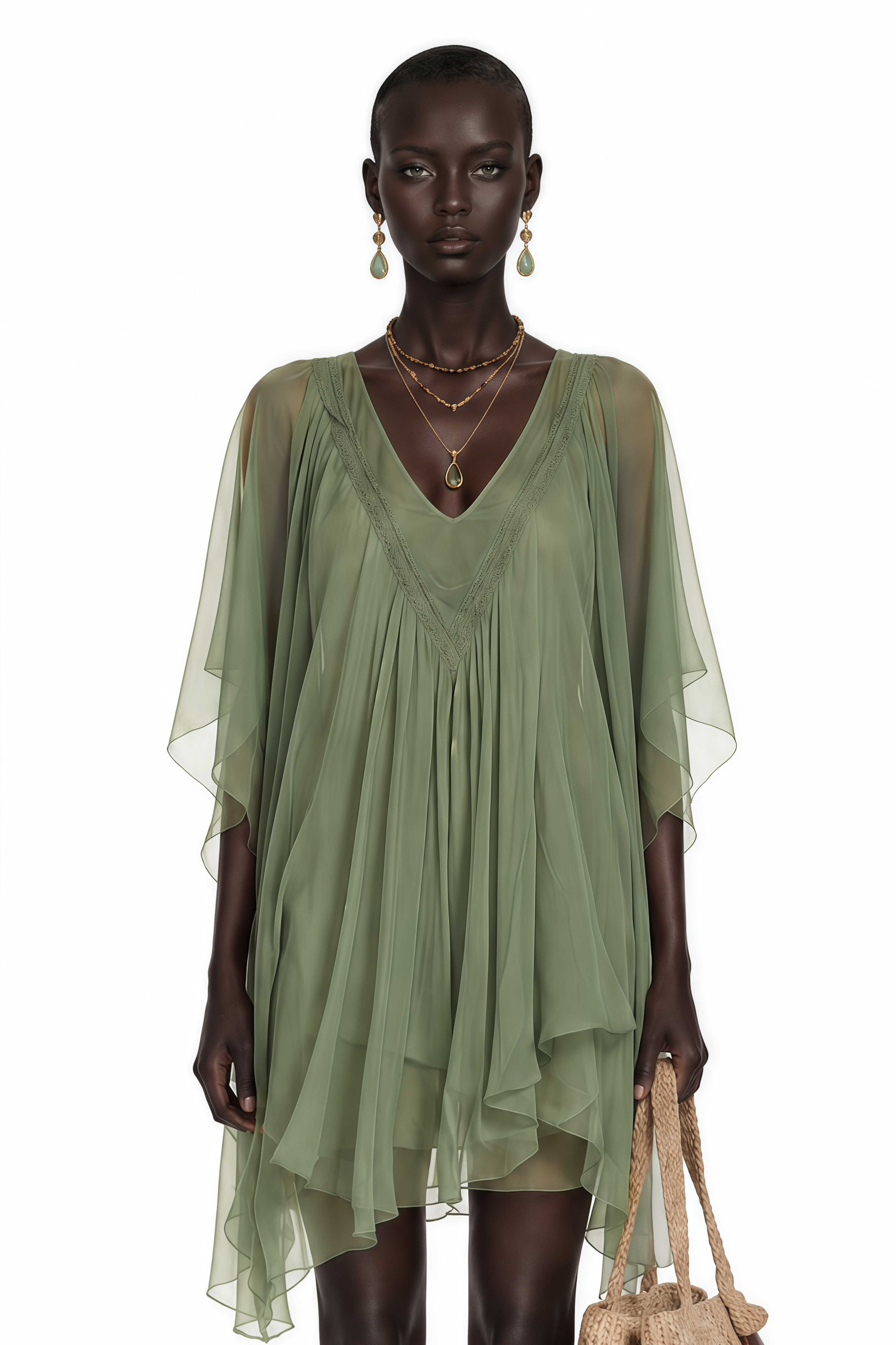 Cyrielle Emerald Green Chiffon Cape Mini Dress