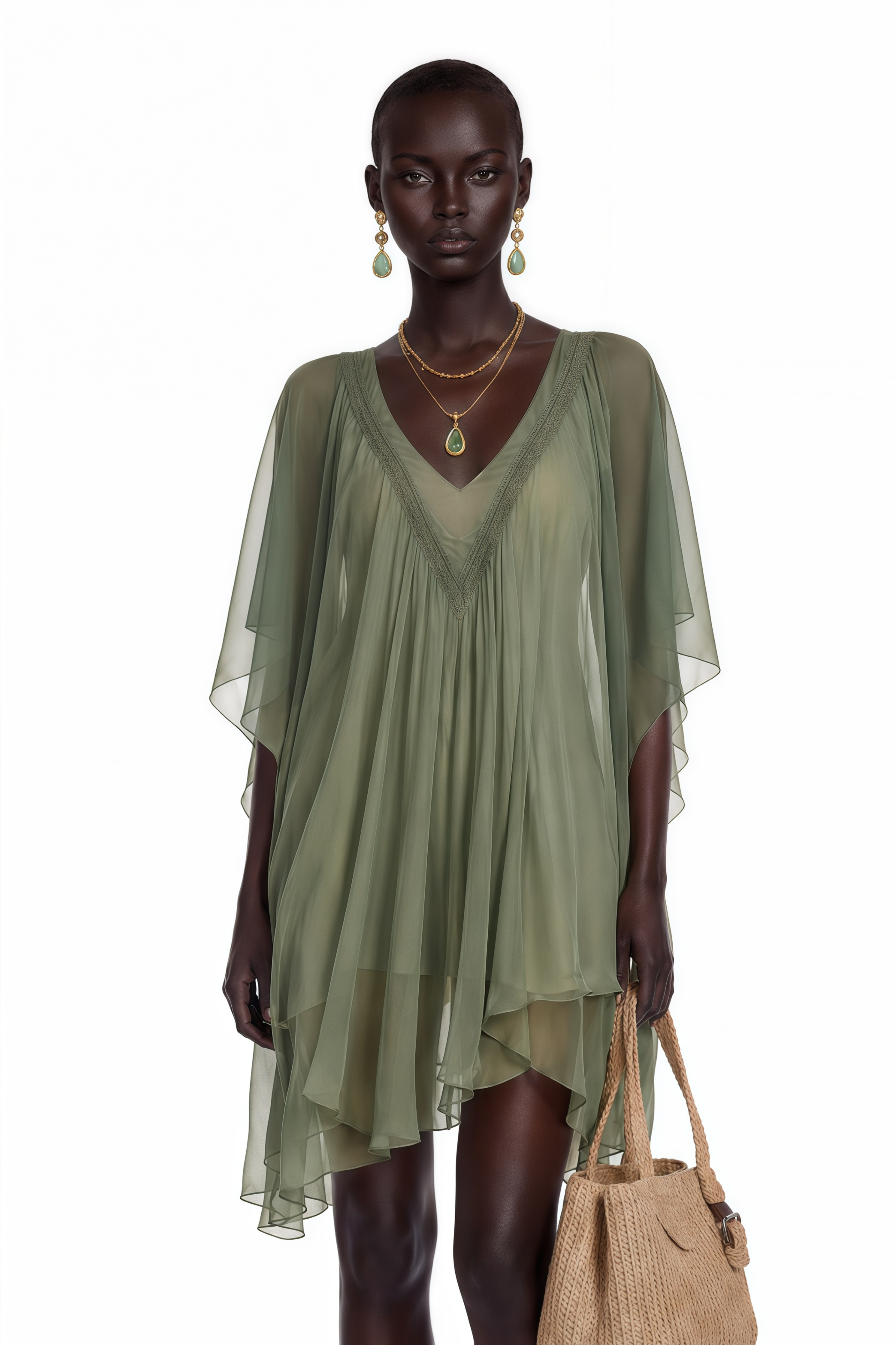 Cyrielle Emerald Green Chiffon Cape Mini Dress
