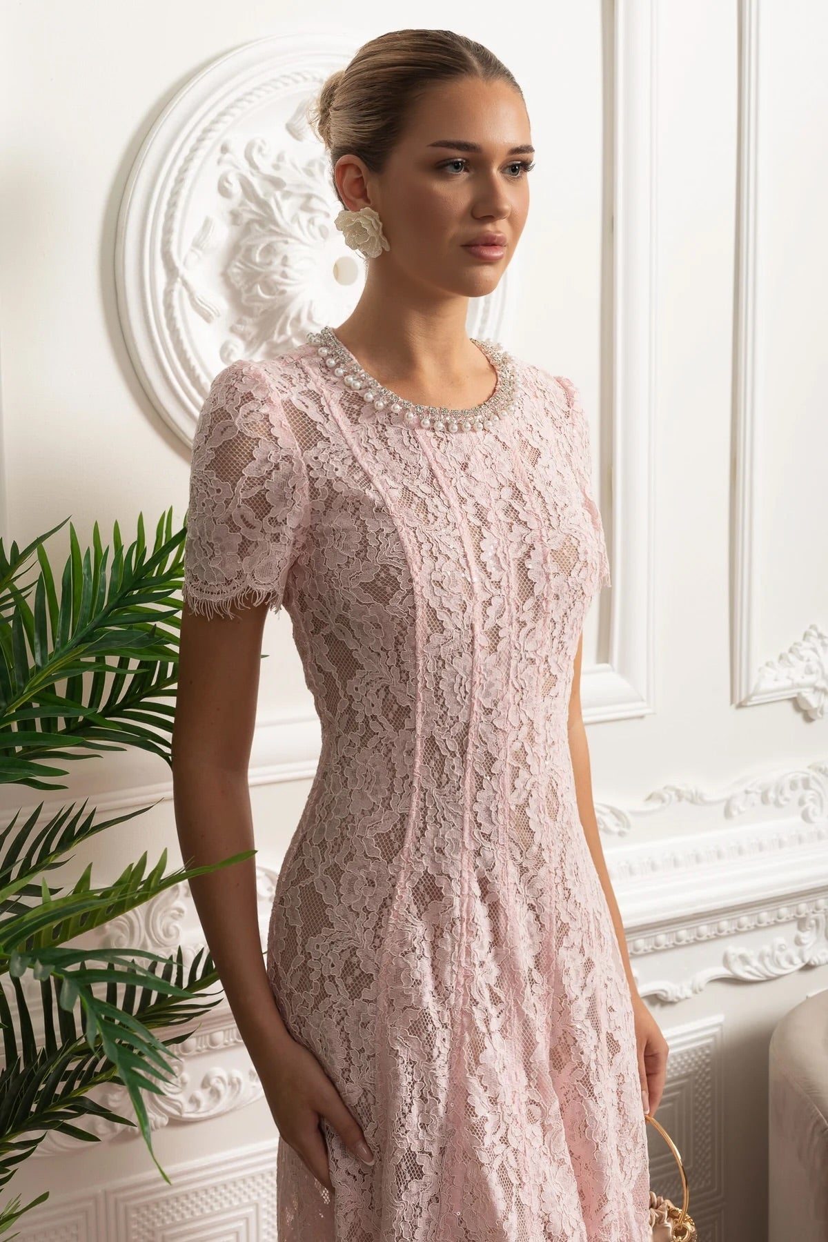 Lace Midi Dress with Crystal Embellished Collar - Pink