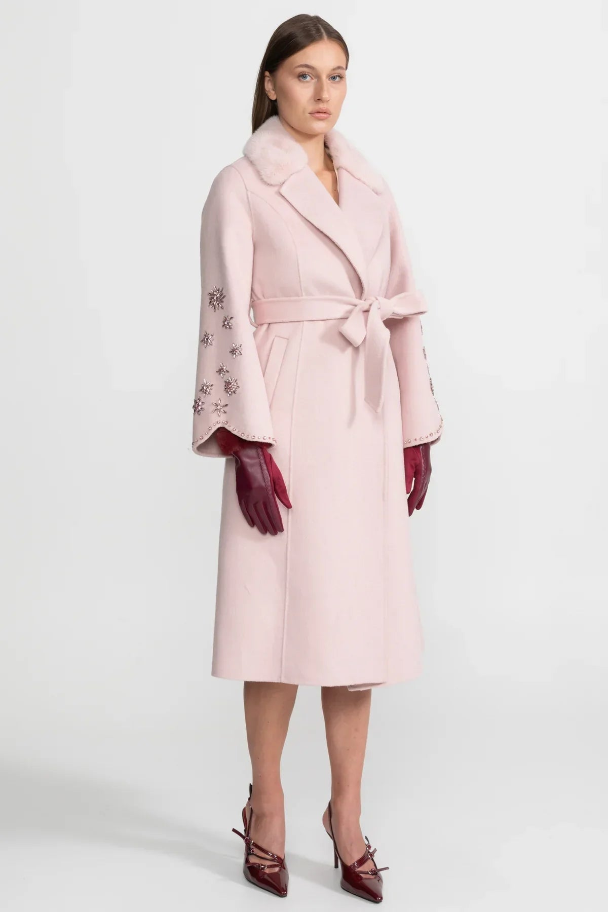 Embellished Wool Overcoat With Fox Fur Collar – Pink
