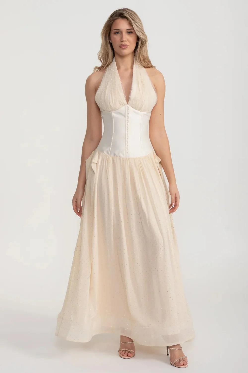 tight bodice flowy skirt dress Elegant Gown With Fitted Corset-Style Bodice And Flowing Maxi Skirt -