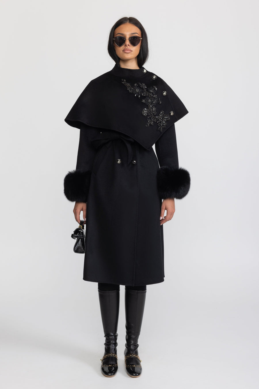 Anastasia Embellished Capelet Wool Coat with Fox Fur Cuffs - Black