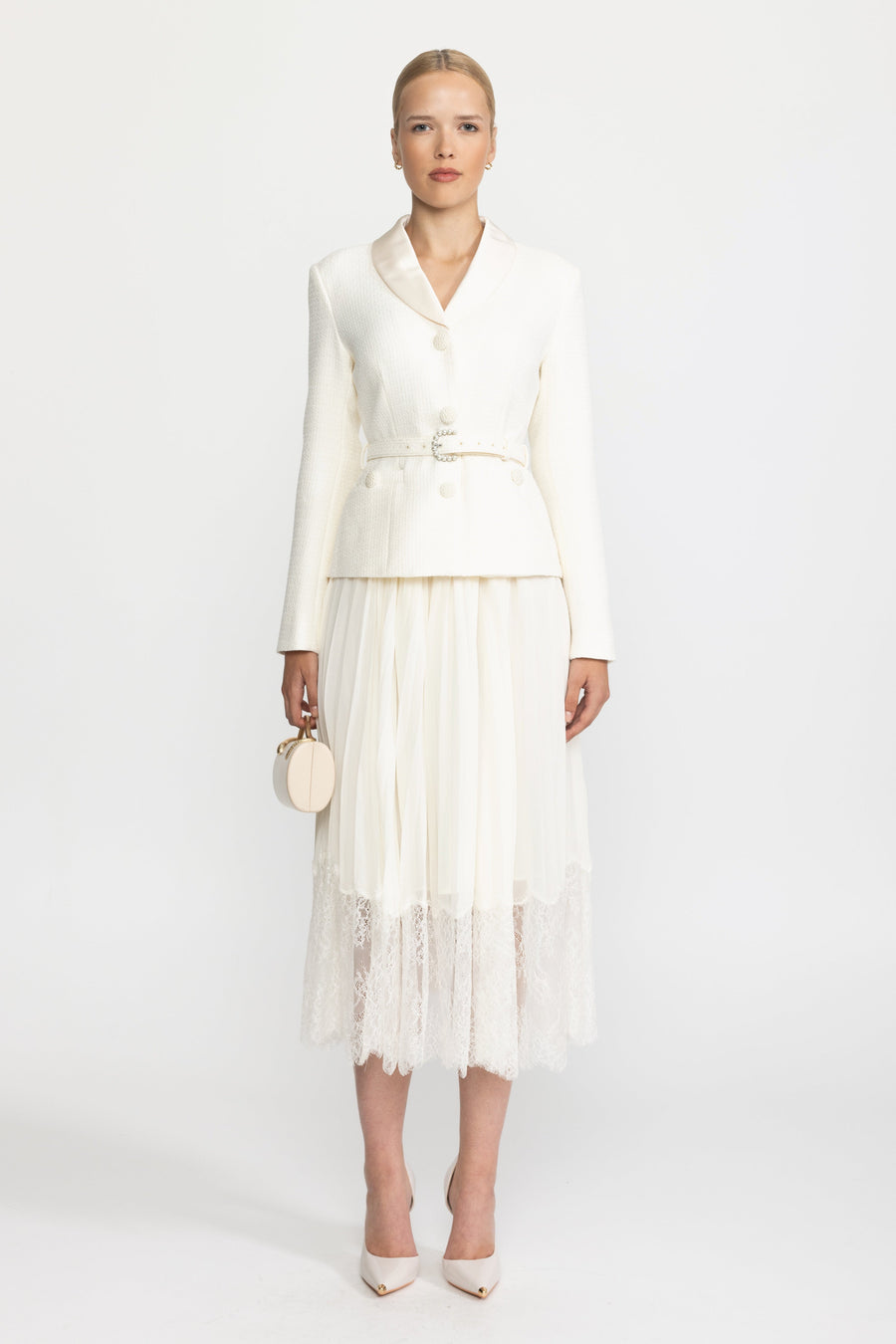 Satin Collar Tweed Jacket Dress with Pleated Lace Skirt - Ivoire