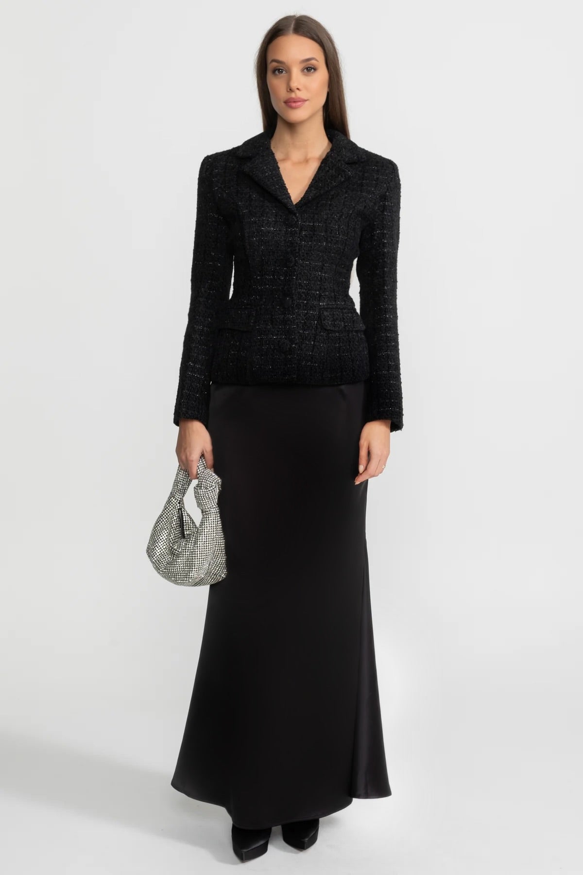 Tweed Blazer and Satin Maxi Skirt Co-Ord Set – Black