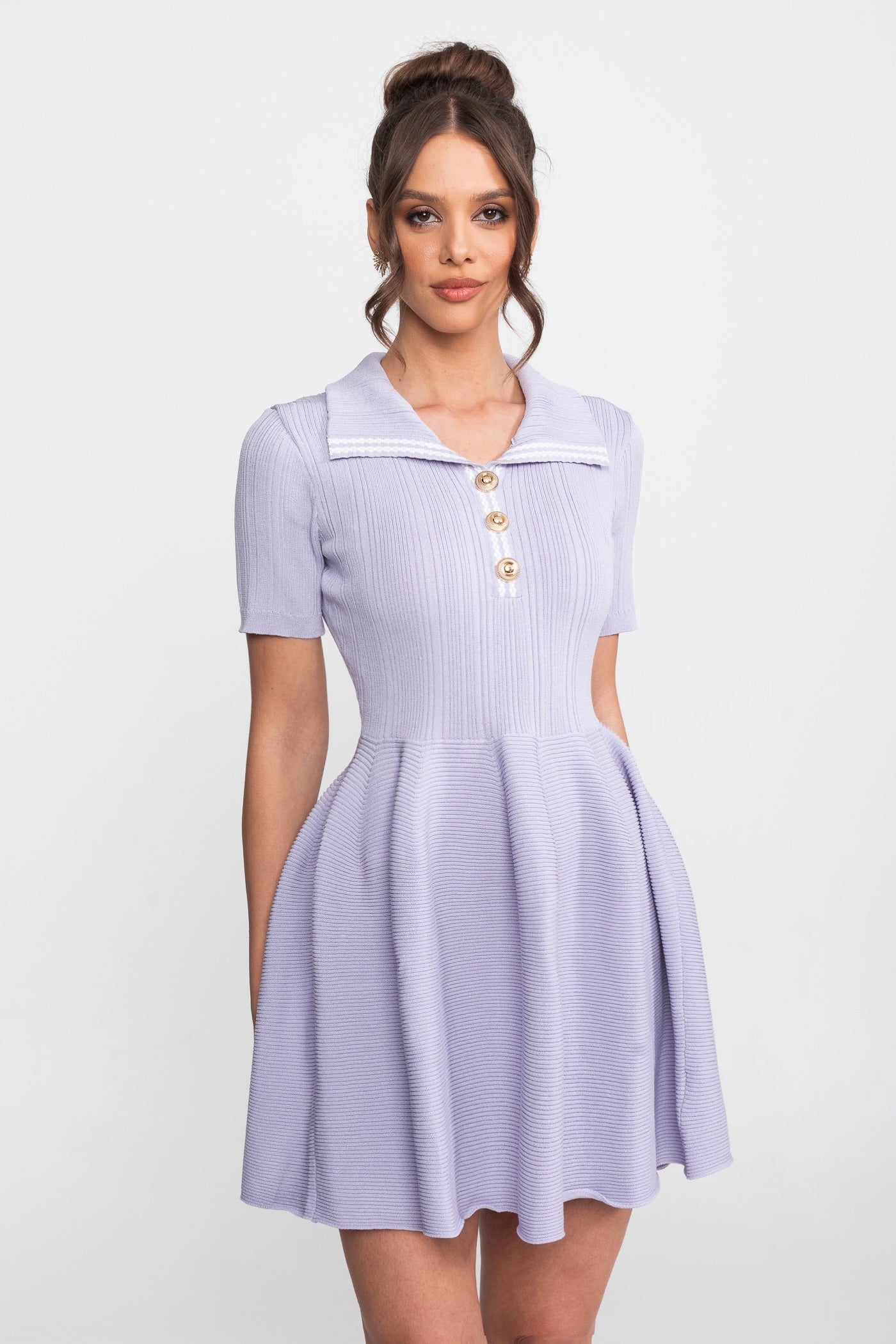 Ribbed Knit Mini Dress With Open Polo Collar And Jewel Buttons - Lilac