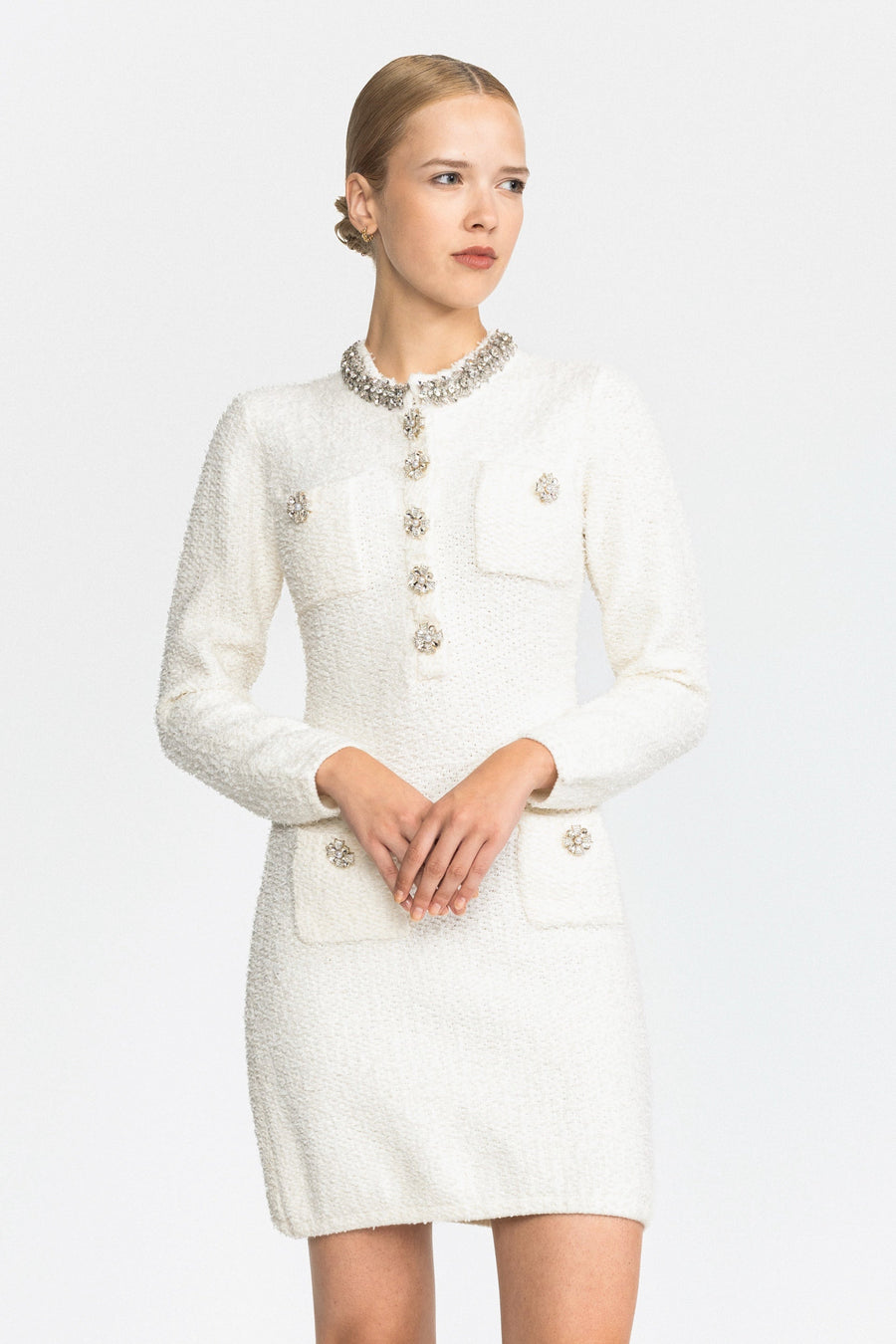 Blanche Crystal Collar Bouclé Knit Mini Dress - White