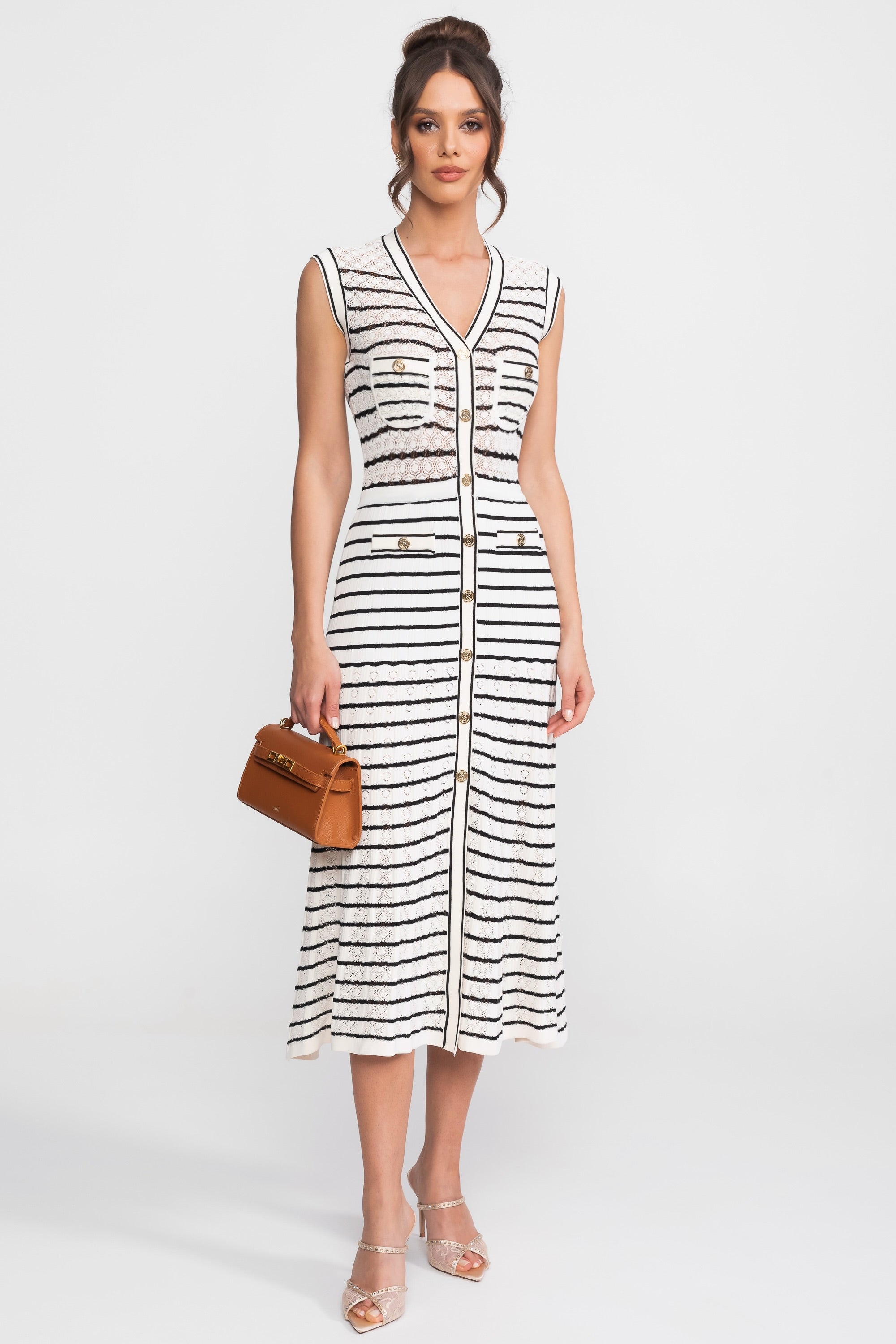Striped Sleeveless Knit Midi Dress With V-Neck And Gold Buttons - White/Black