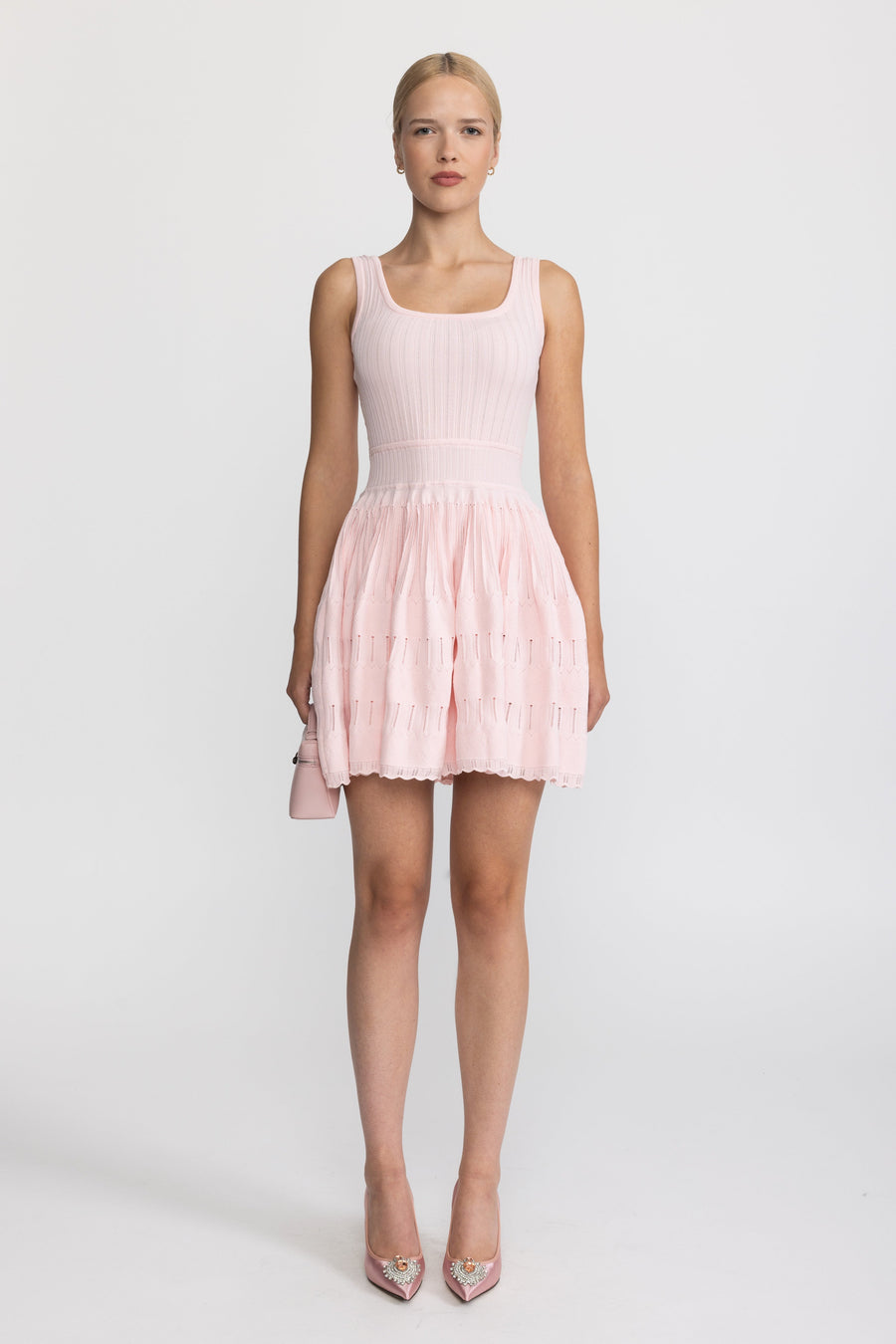 Aveline Pointelle Knit Skater Mini Dress - Pink