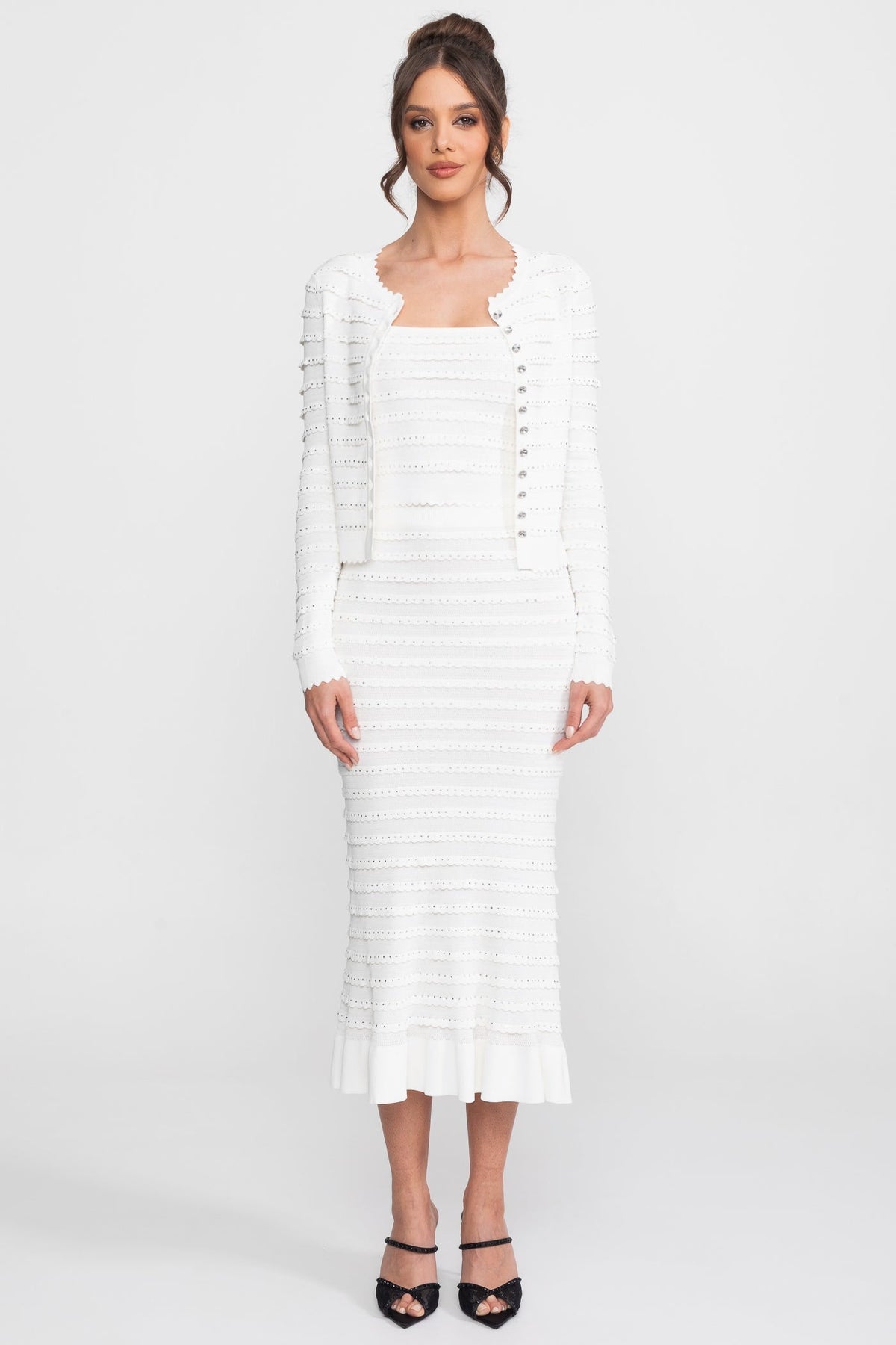 Fiorella White Textured Knit 3 Piece Set With Blazer, Top And Midi Skirt