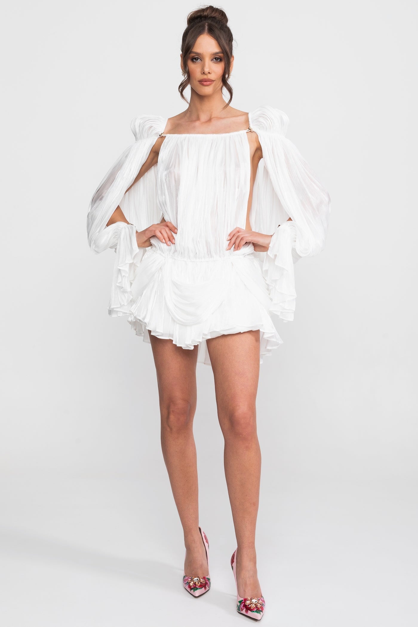 Sheer Draped Mini Dress With Cape Sleeves And Gold Clip Detail - White