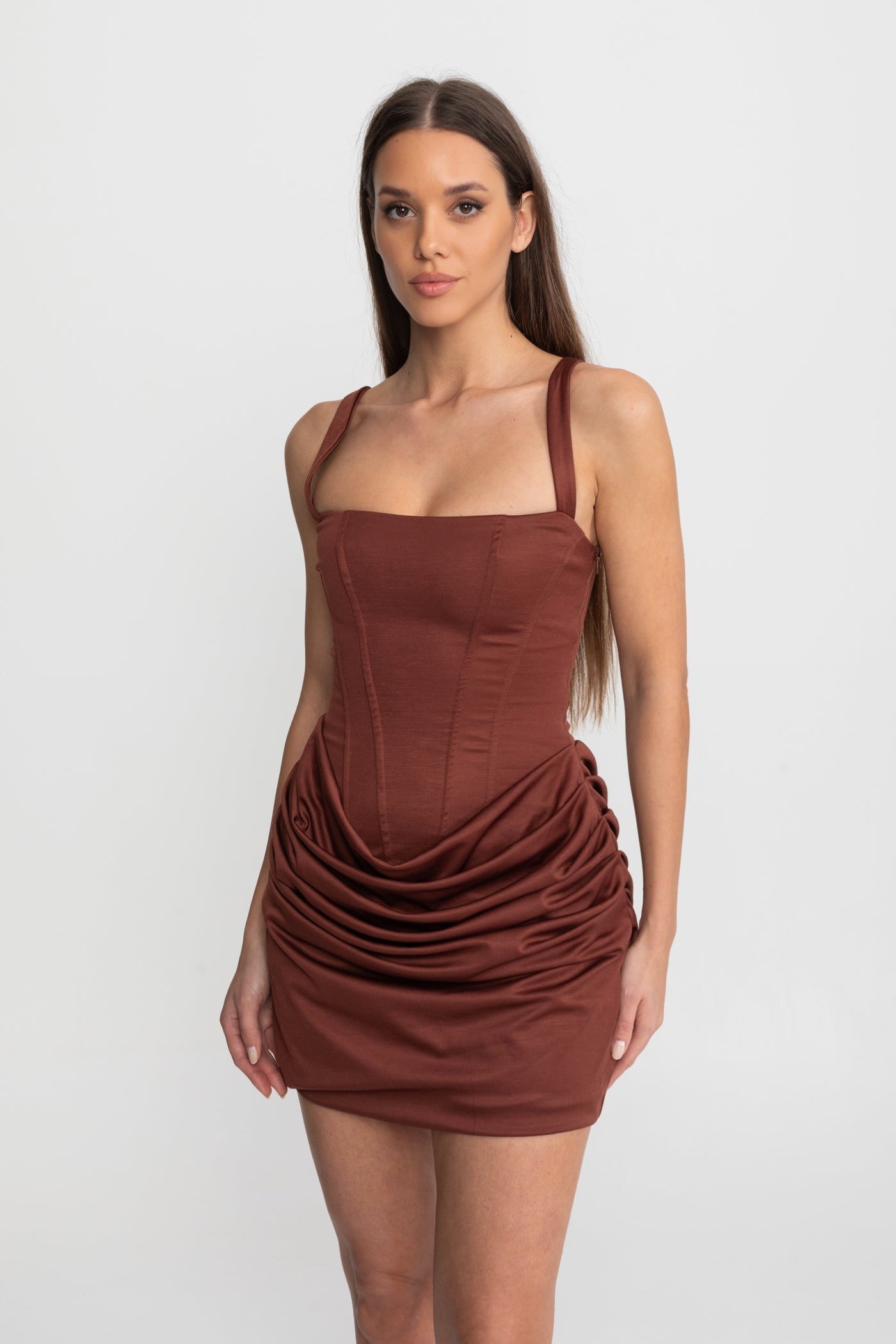 Corset Mini Dress with Ruched Skirt Detail – Light Brown