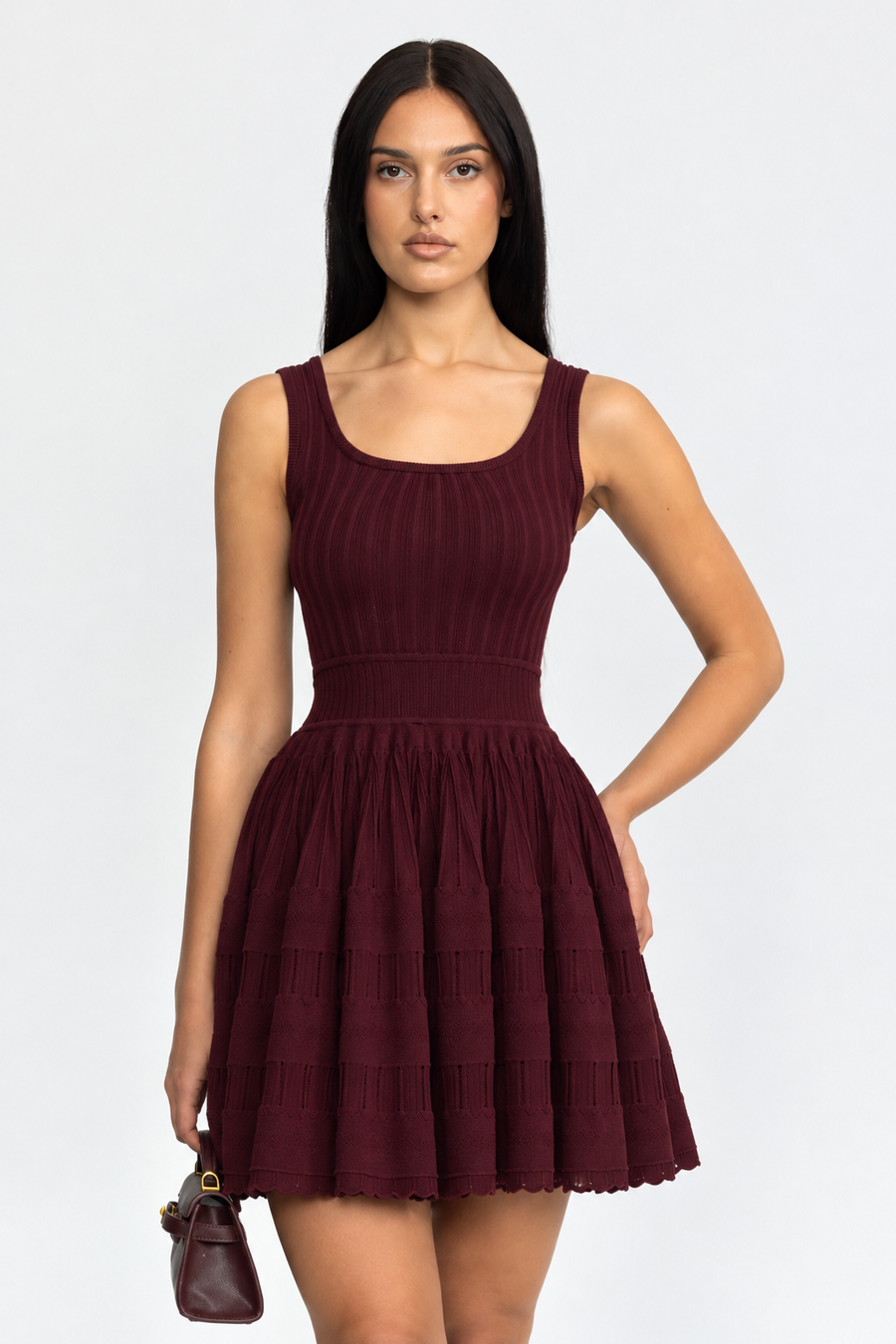 Aveline Pointelle Knit Skater Mini Dress - Wine
