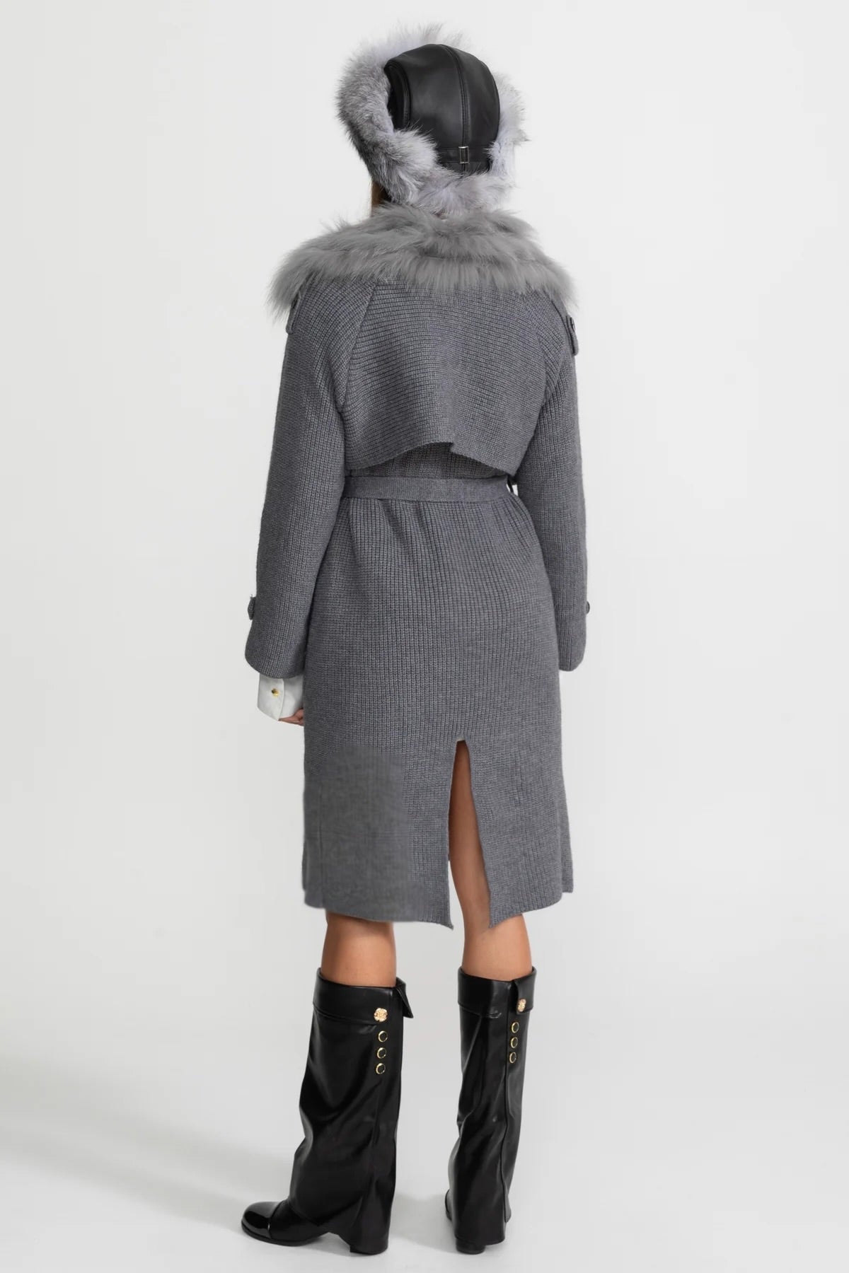 Ariadne Grey Double-Breasted Wool Knit Overcoat With Fur Trim