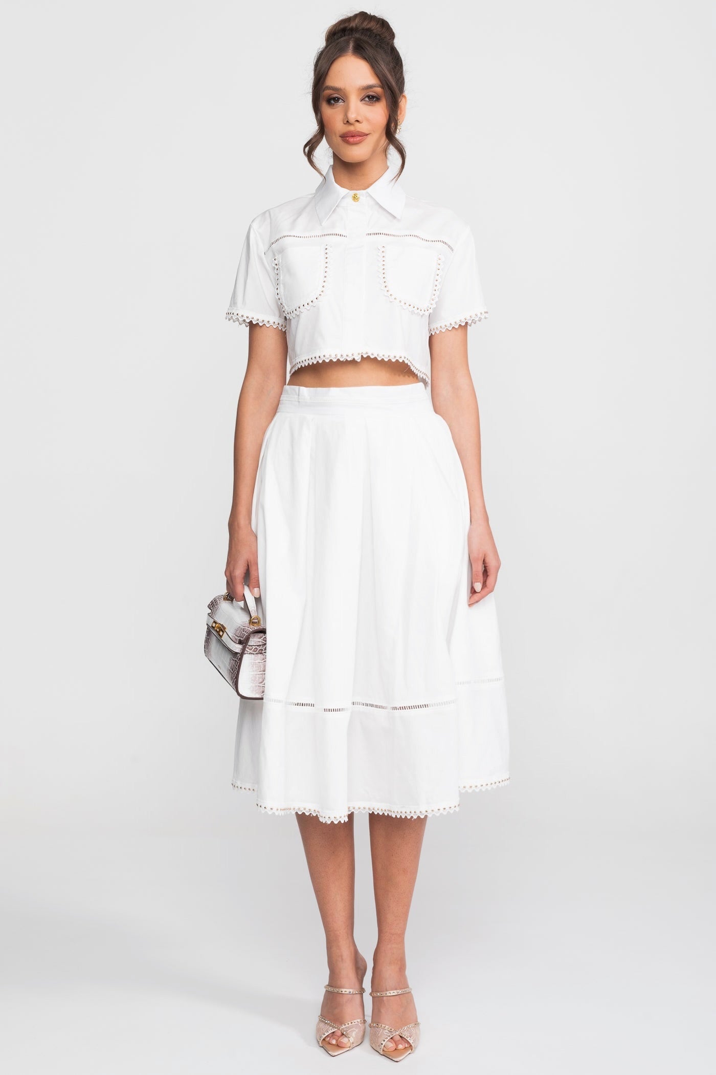 Broderie-Trim Cropped Shirt And Midi Skirt Co-Ord Set - White