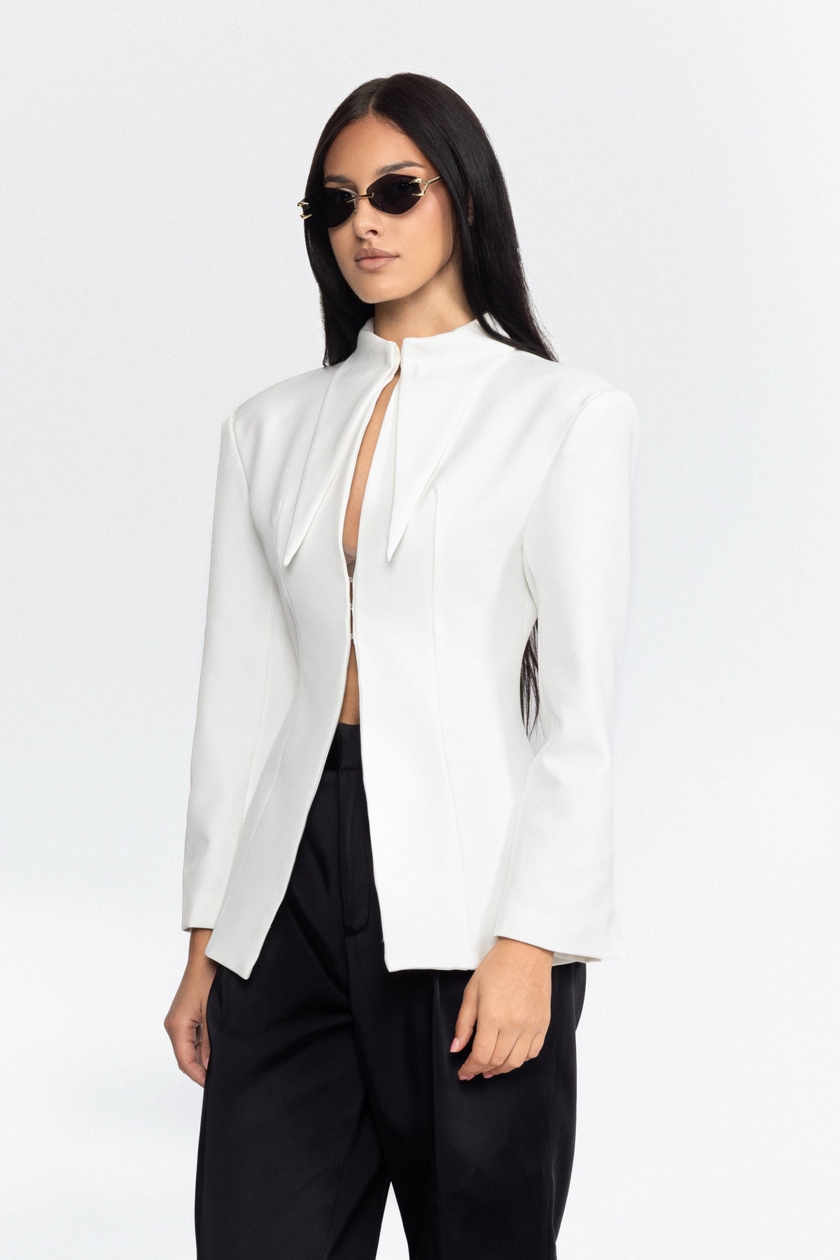 Sculpted Pointed-Collar Hook-Front Blazer - White