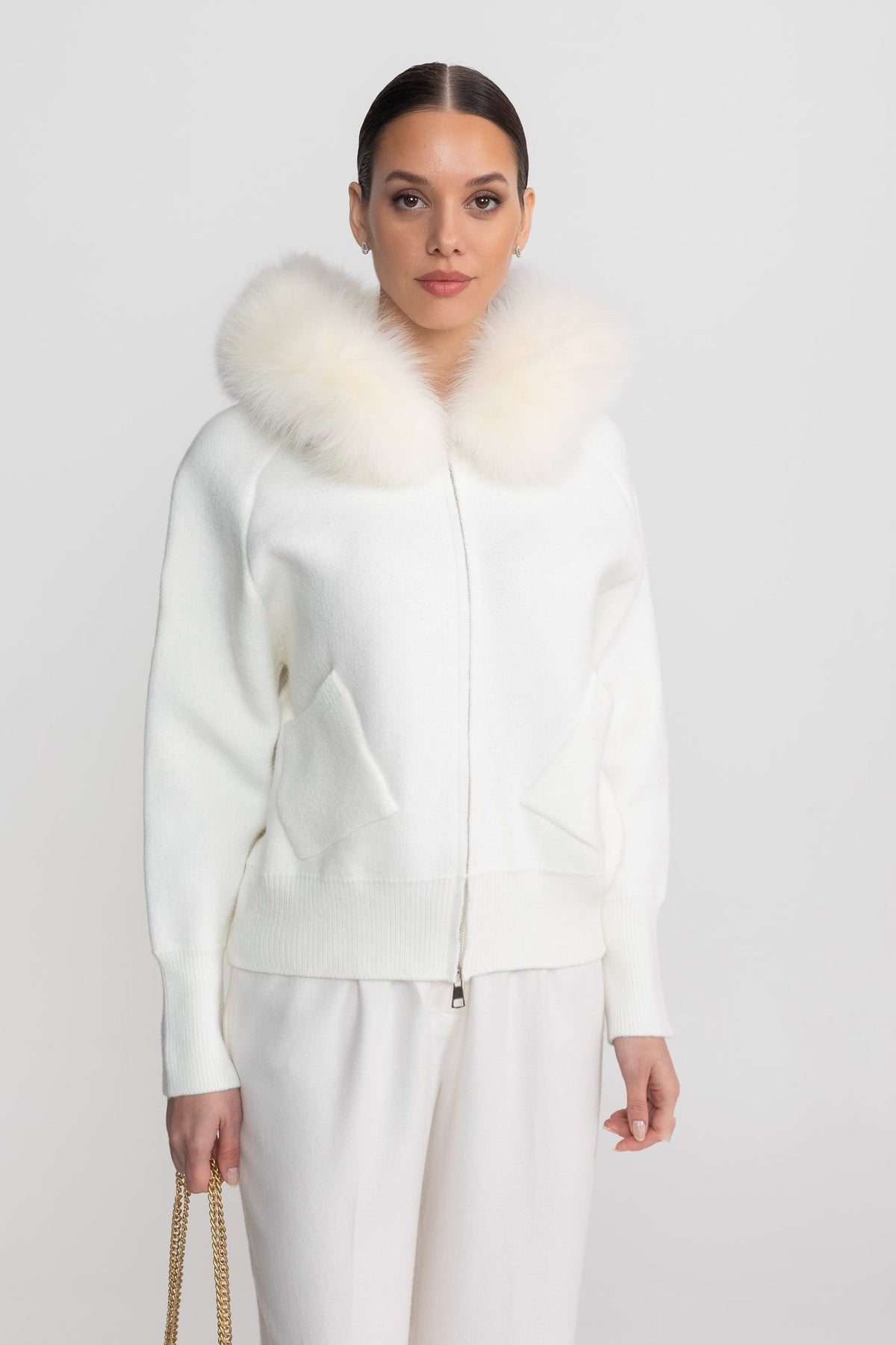 Valeriane Ivoire Zip-Up Wool Hoodie With Fox Fur Collar