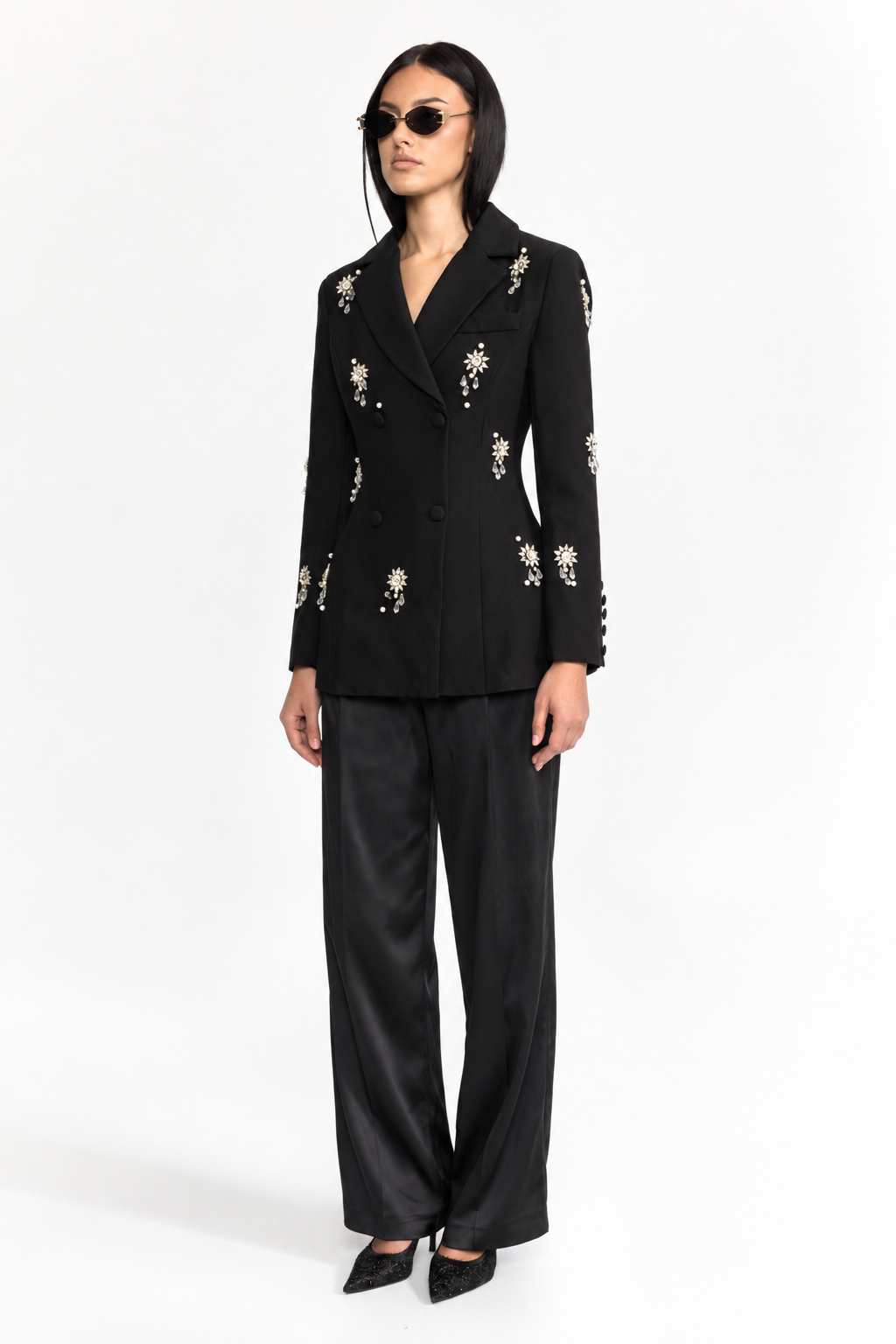 Lison Black Crystal Brooch Embellished Double-Breasted Blazer