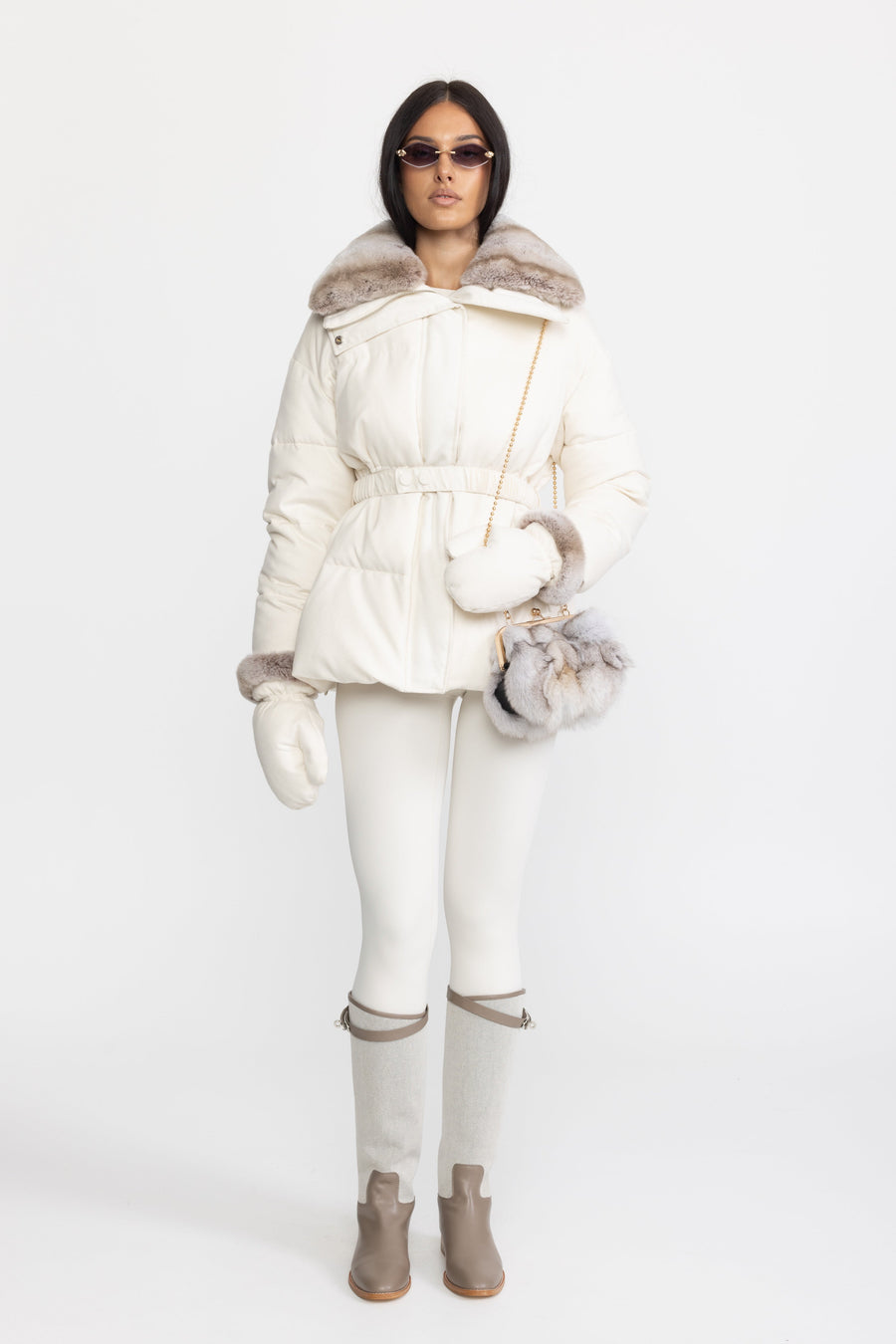 Véronique Rex Rabbit Fur Collar Cotton-Silk Down Jacket - Ivoire