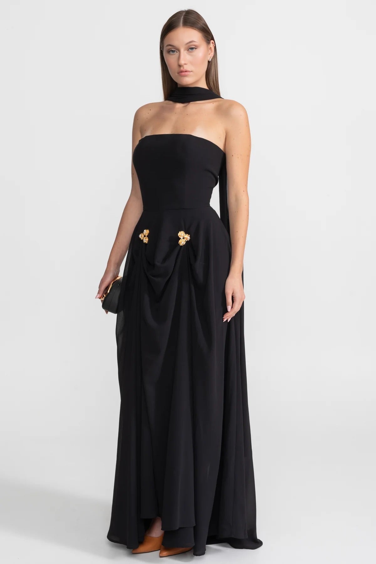 Strapless Draped Gown With Gold Flower Embellishments – Black