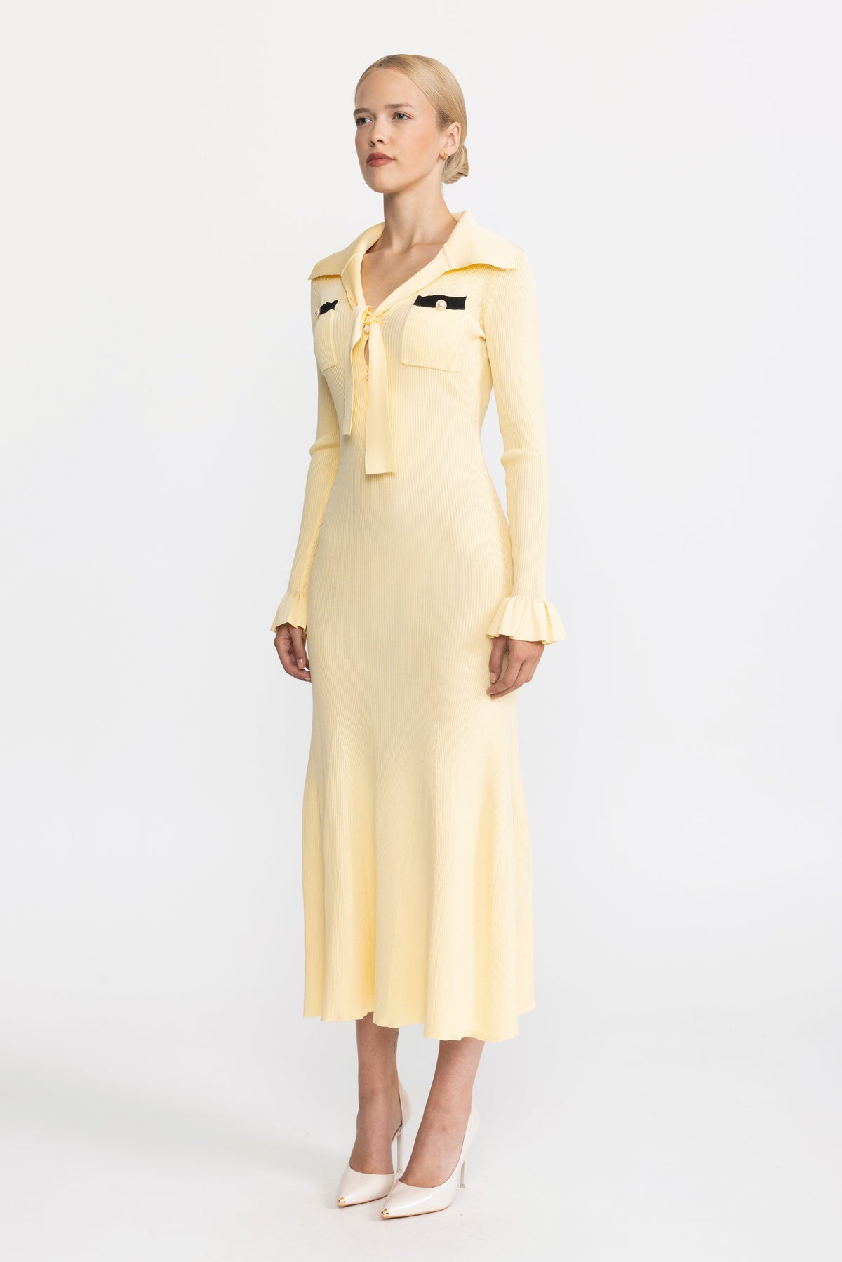 Tie Neck Rib Knit Ruffle Cuff Midi Dress - Yellow