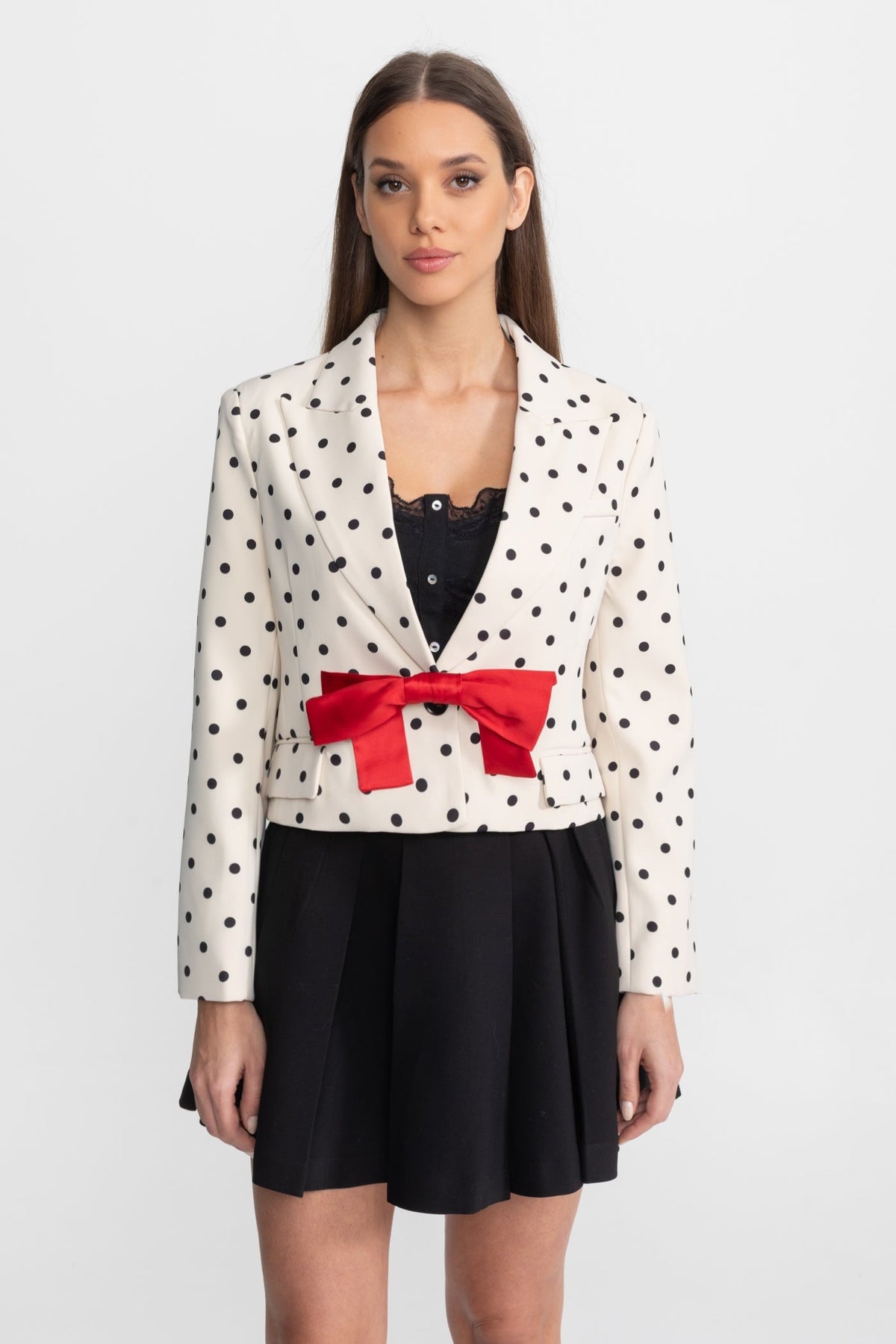 Polka Dot Cropped Blazer with Statement Bow Detail – Ivoire & Black