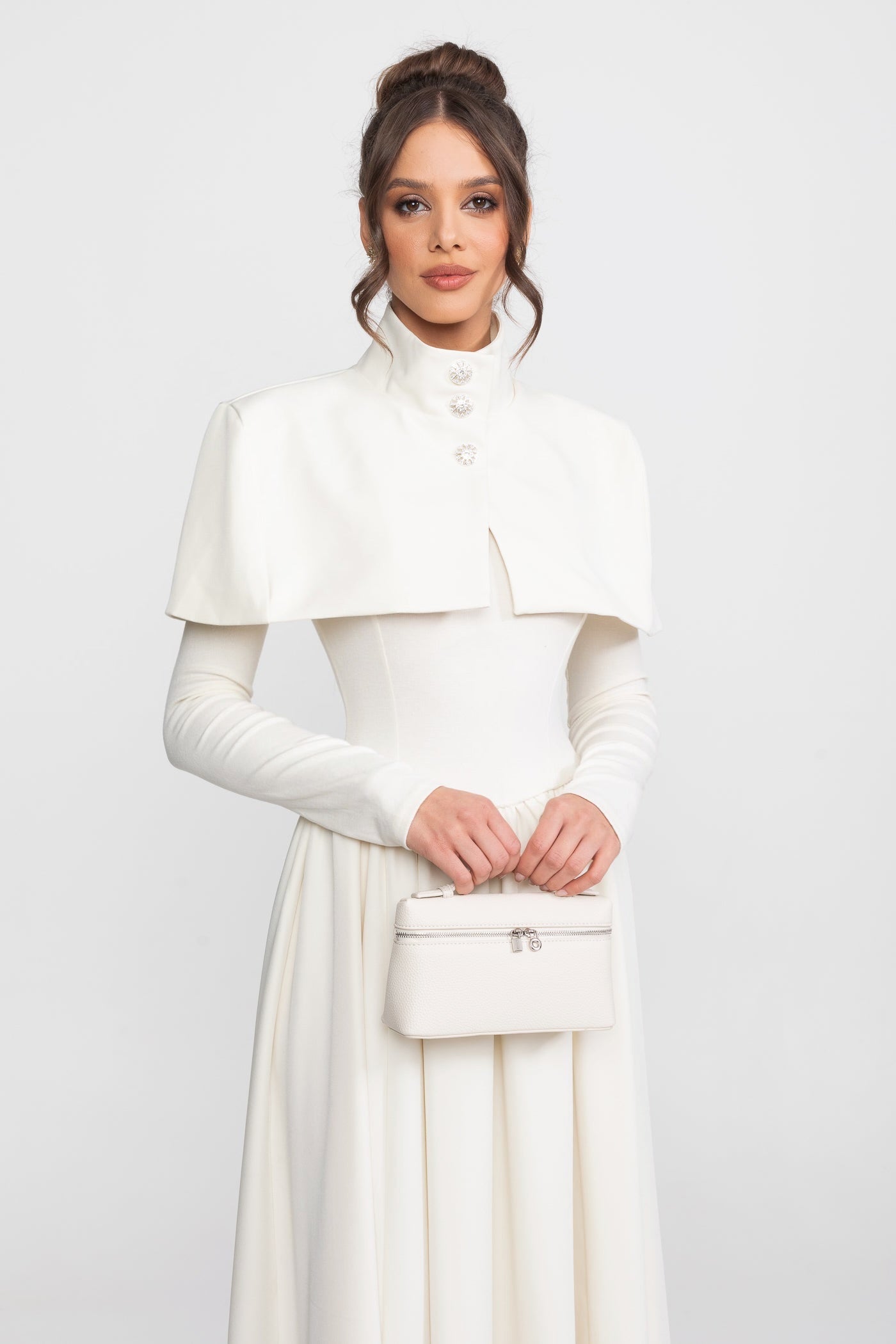 High-Neck Maxi Dress With Attached Capelet And Long Sleeves - White