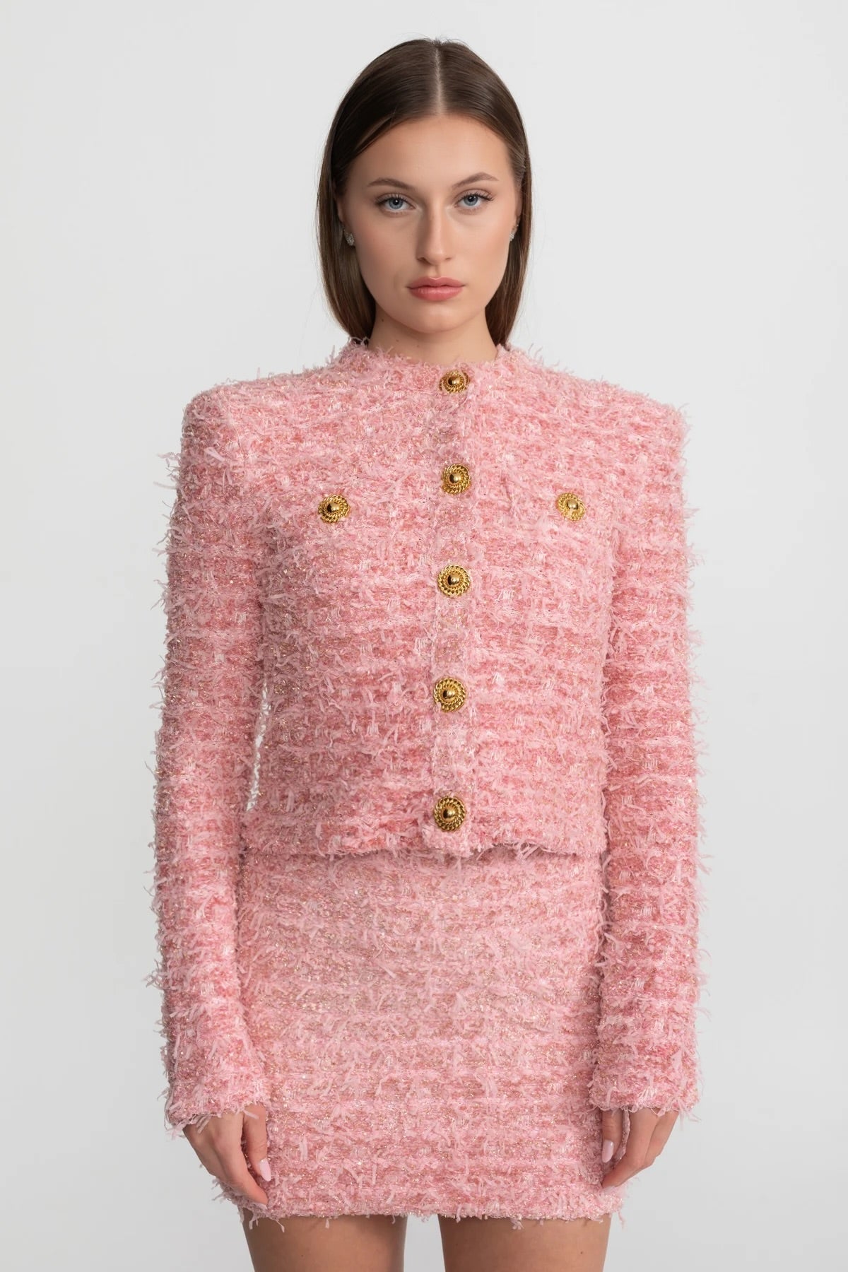 Viola Pink Textured Tweed Jacket With Gold Button Embellishments