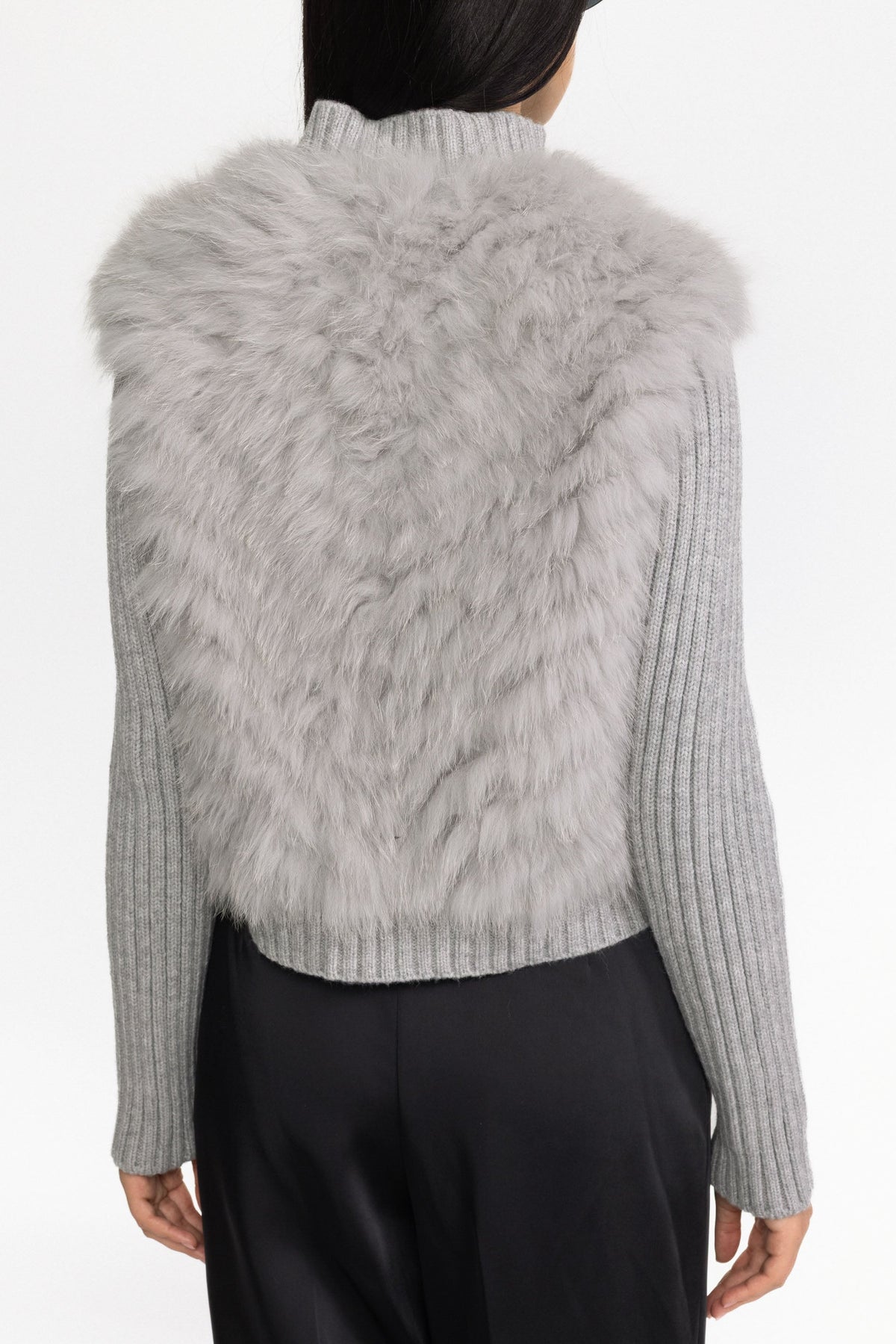 Knitted Fox Fur Jacket with Rib Knit Sleeves - Grey
