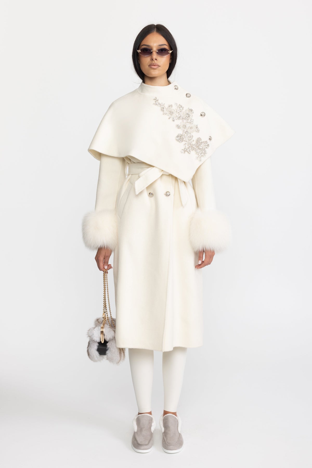 Embellished Capelet Wool Coat with Fox Fur Cuffs - Ivoire
