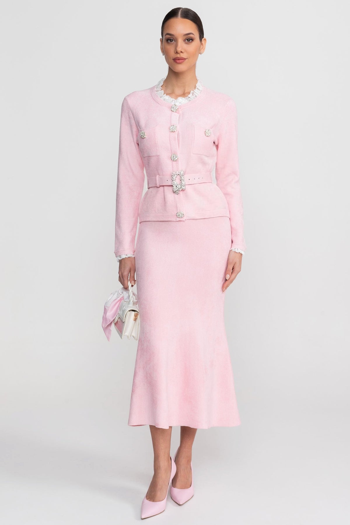 Fleur Blush Pink Long Sleeve Co-Ord With Fitted Knit Bodice And Crystal Button Detail
