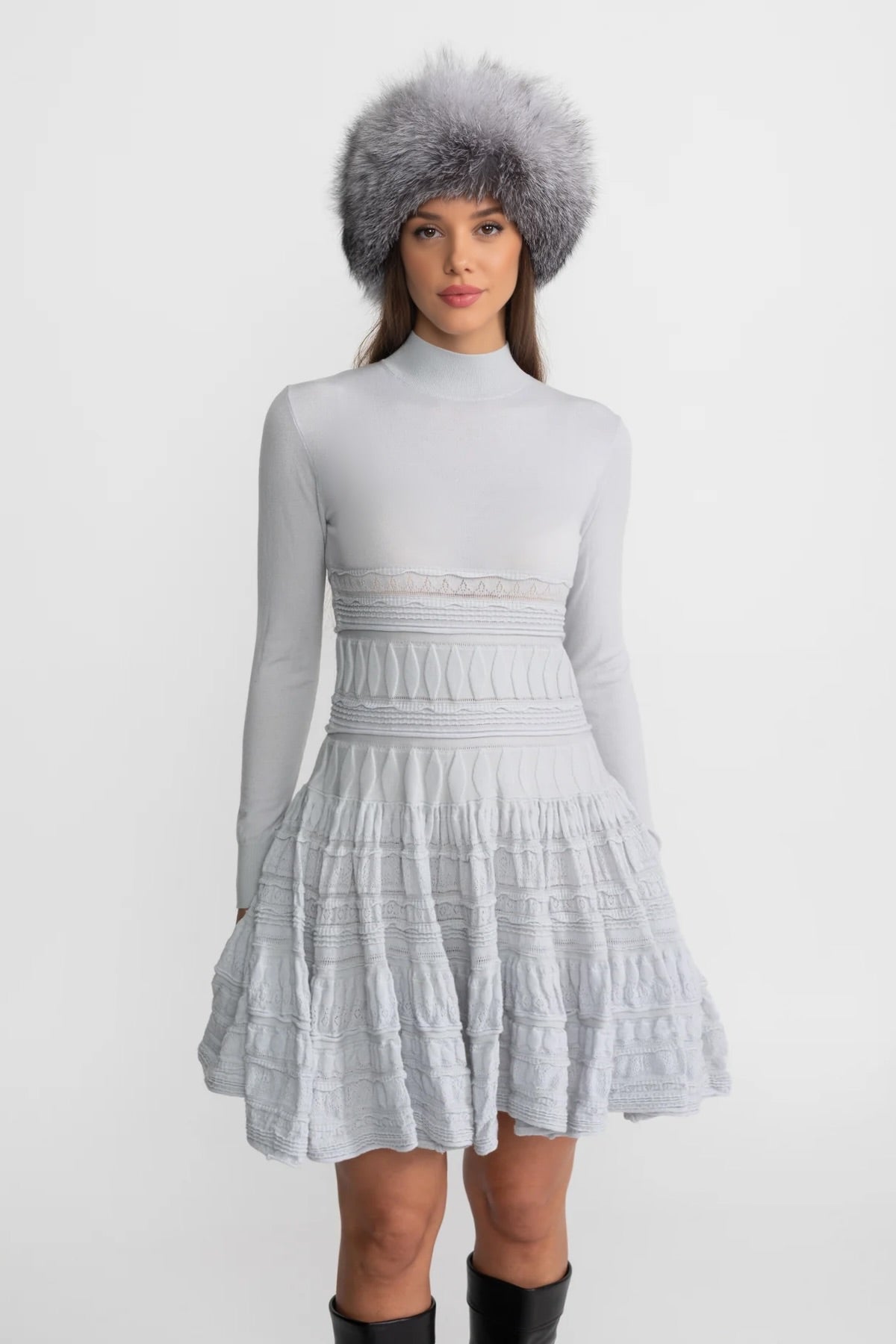Textured Knit Mini Dress with Flared Skirt - Light Gray