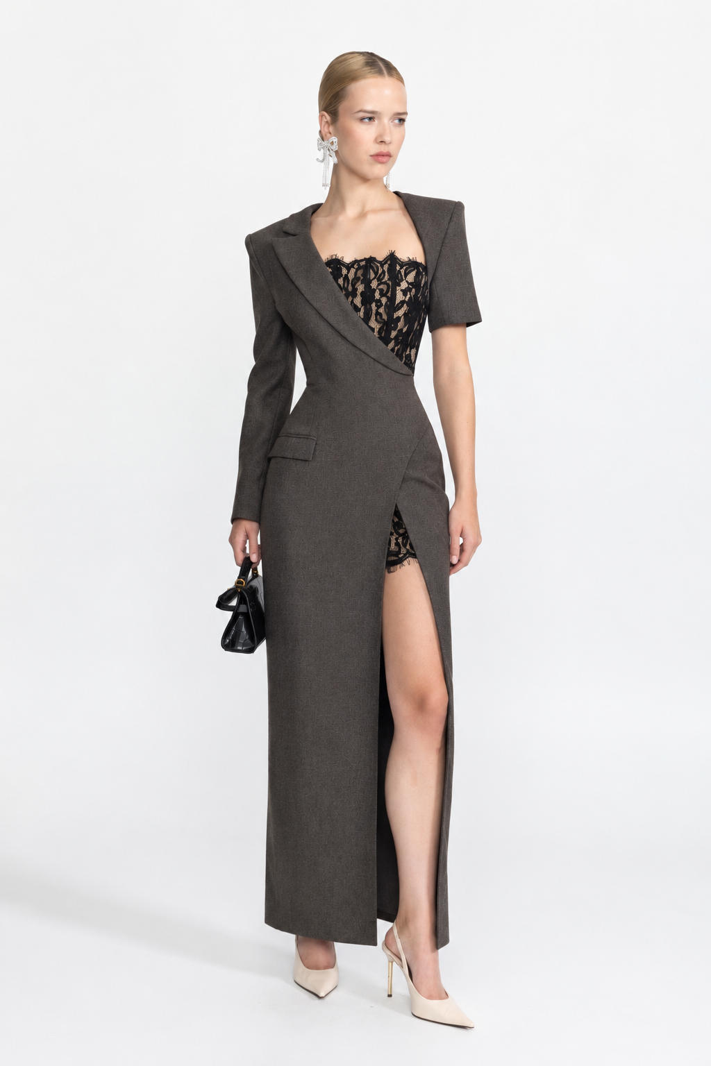 Seraphine Charcoal Lace Bustier Asymmetric Blazer Maxi Dress