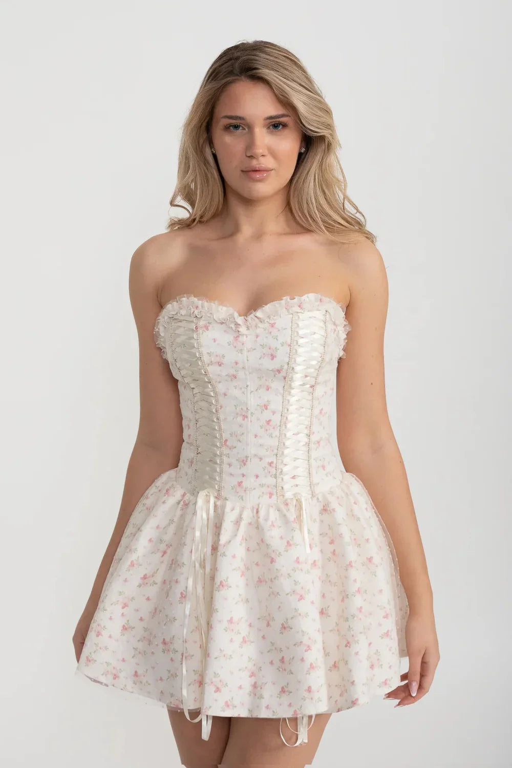white christmas dresses Mariah Floral Lace Corset Mini Dress White Floral / M