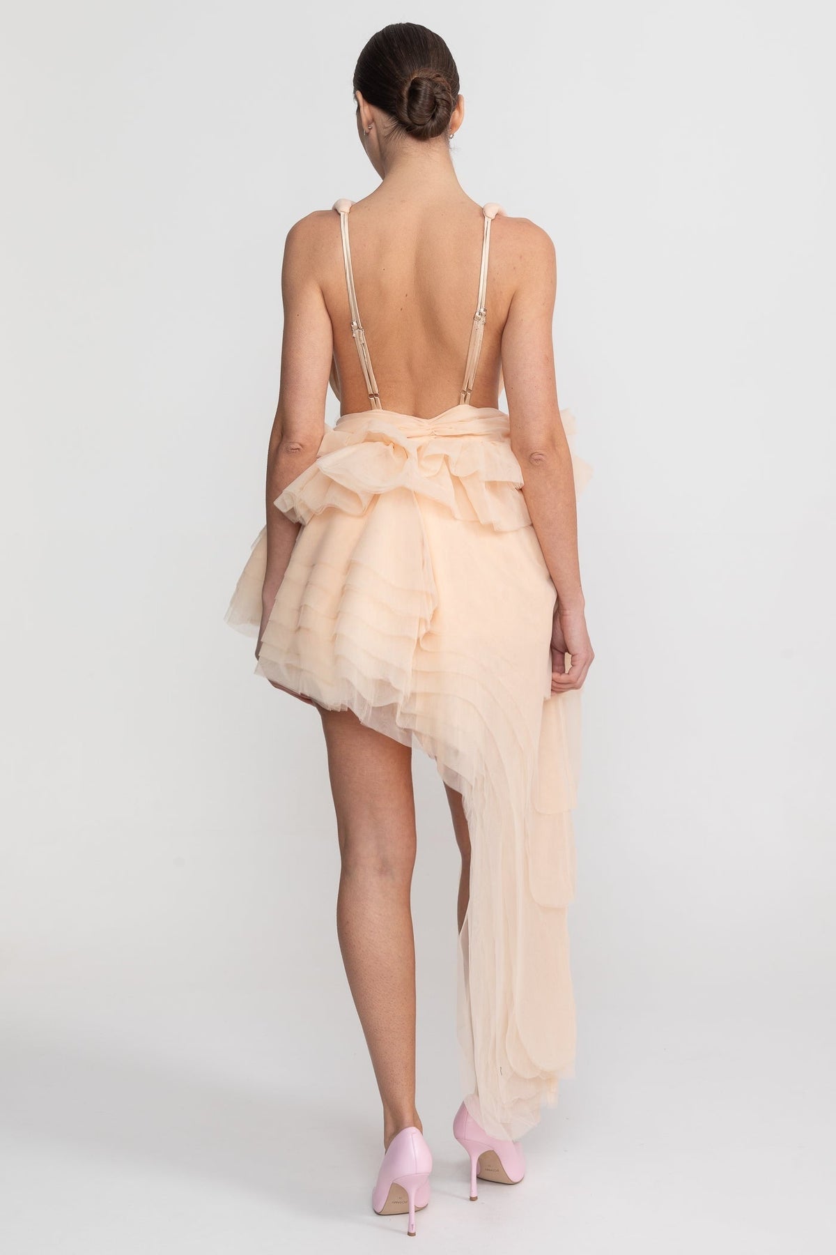 Plunging Sleeveless Mini Dress With Asymmetric Tulle Train - Champagne