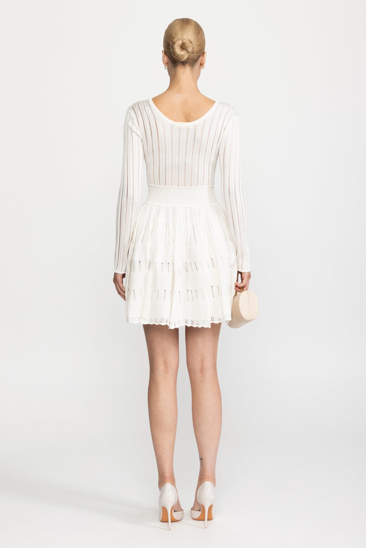Ladder Knit Scoop Neck Skater Mini Dress - White
