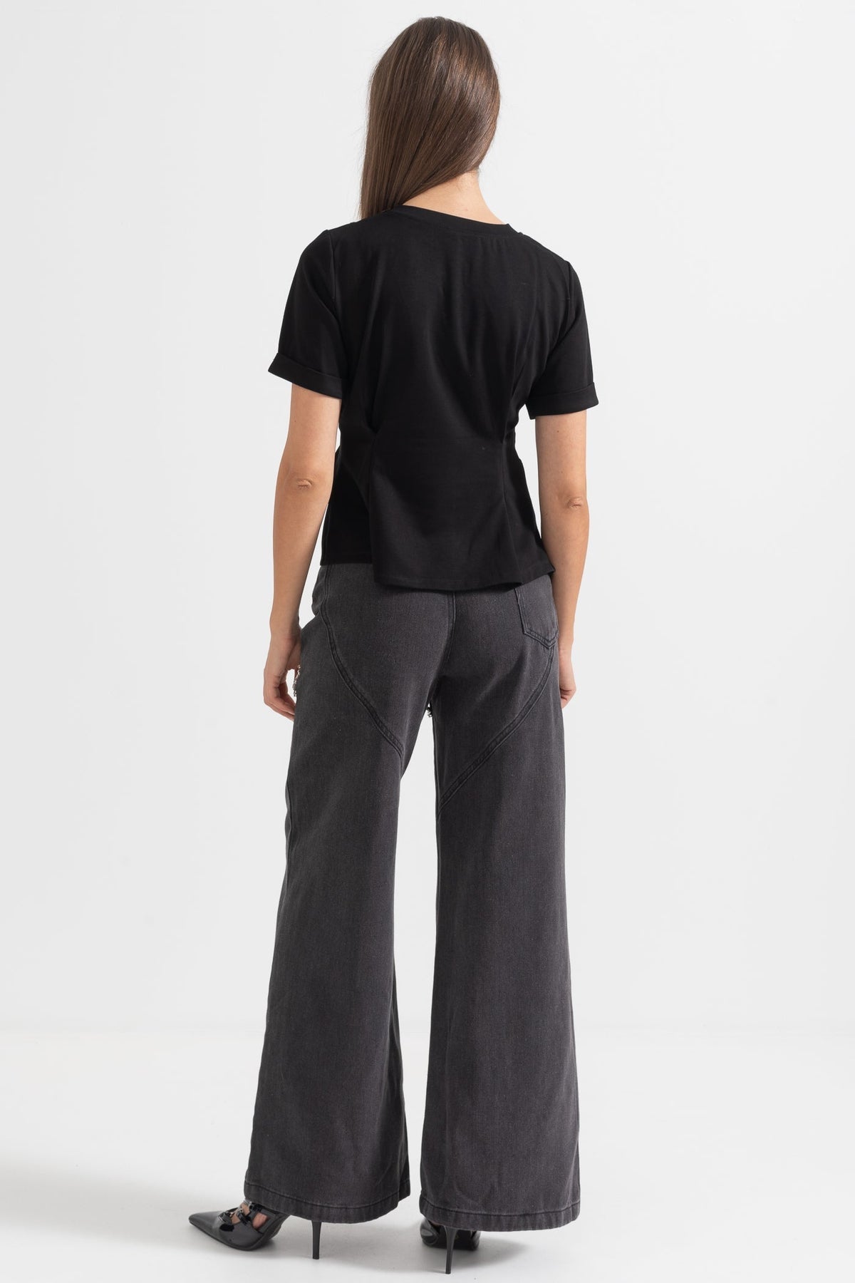 Asymmetrical Pleated Top With Shoulder Chains - Black