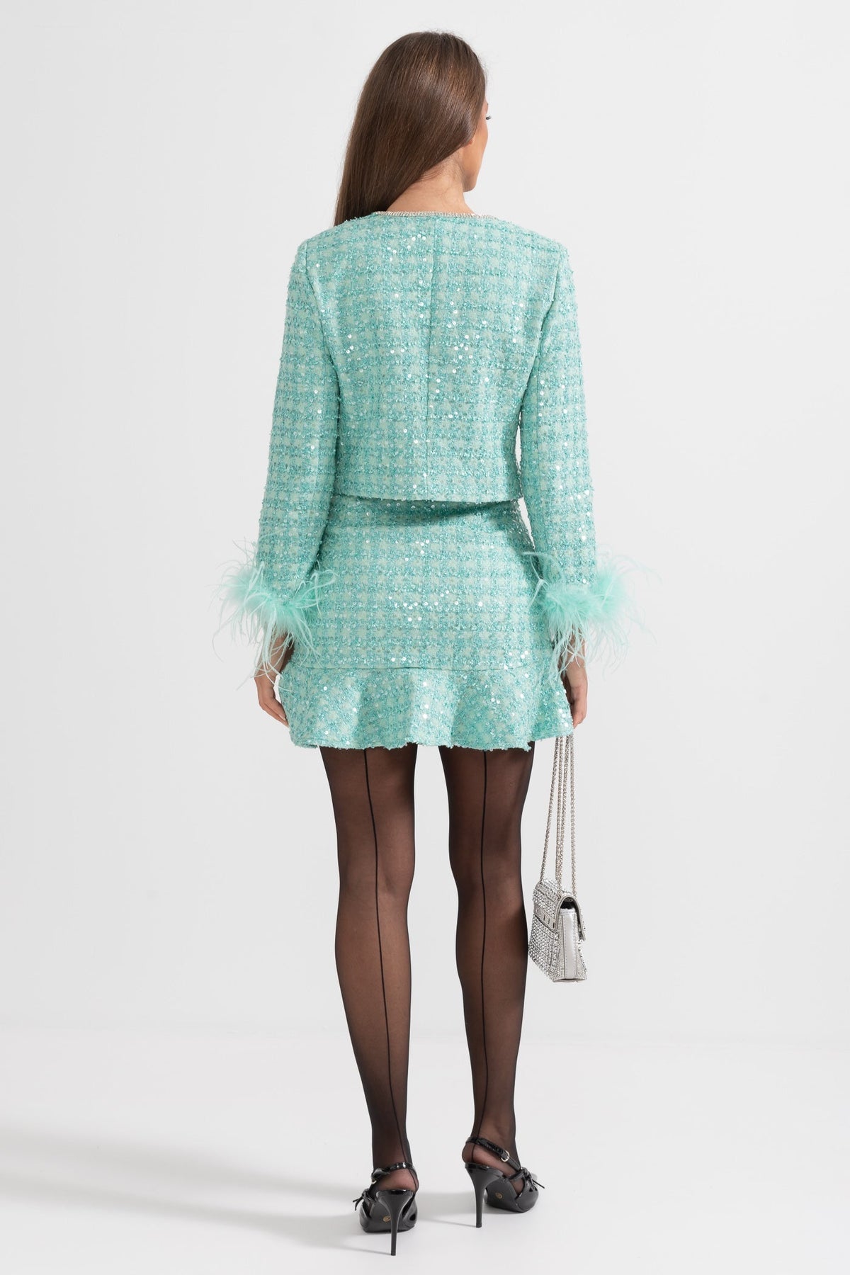 TIFFANY SPARKLING FEATHER EMBELLISHED SKIRT & VEST 2 PIECE CO-ORD - TIFFANY BLUE