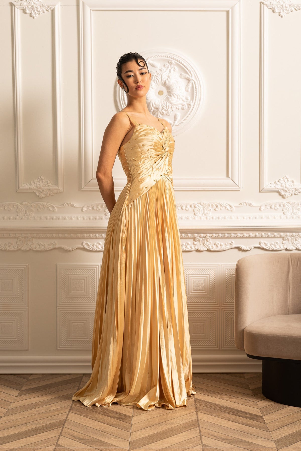 Cascade Gown With Back Lace Detail - Gold