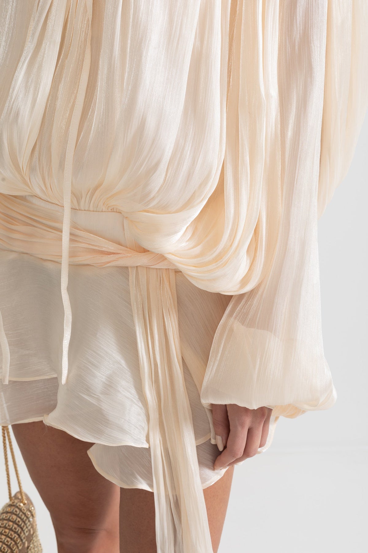 Ruffled Long Sleeved Mini Dress With Flowing Silhouette - Apricot