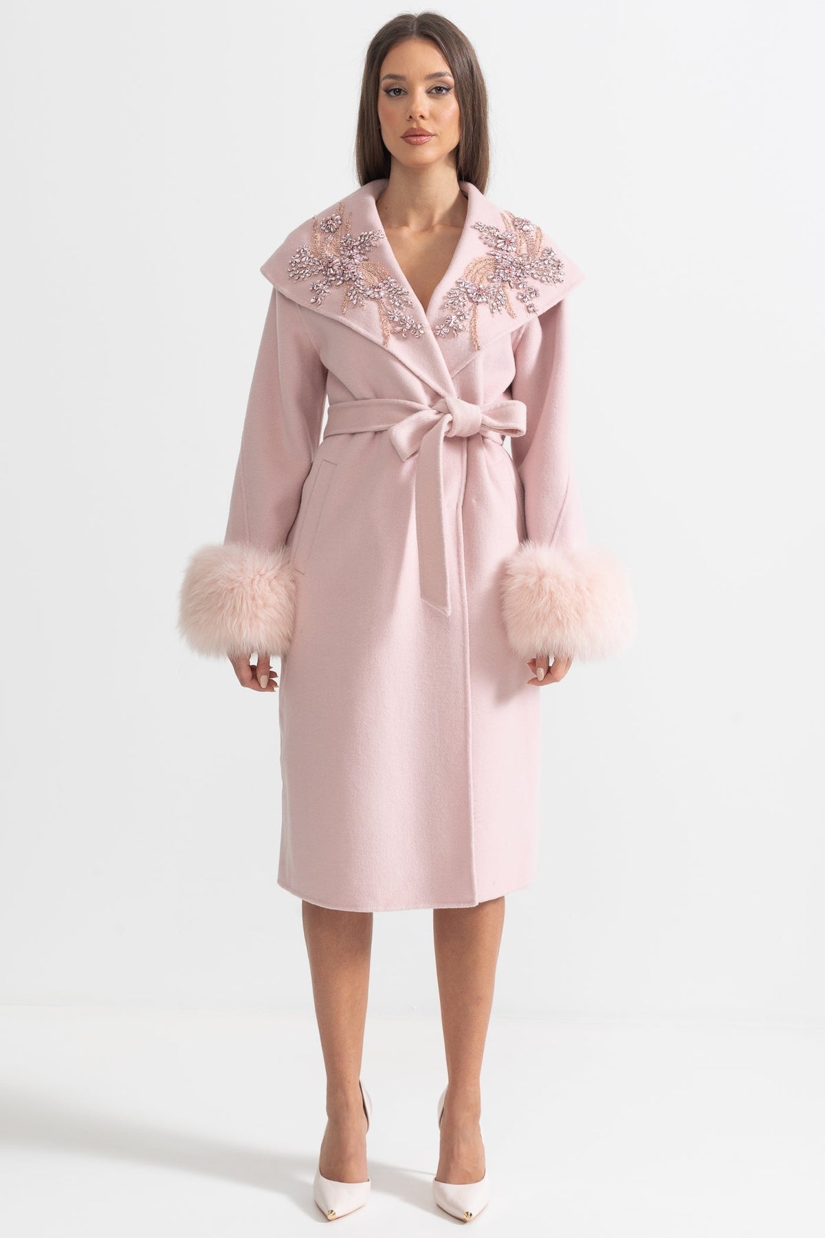 Cashmere Overcoat With Fox Fur Cuffs And 3D Floral Detailing - Pink