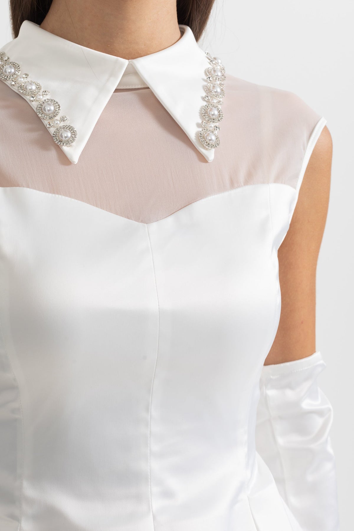 Satin Sleeveless Mini Dress With Matching Long Gloves - White