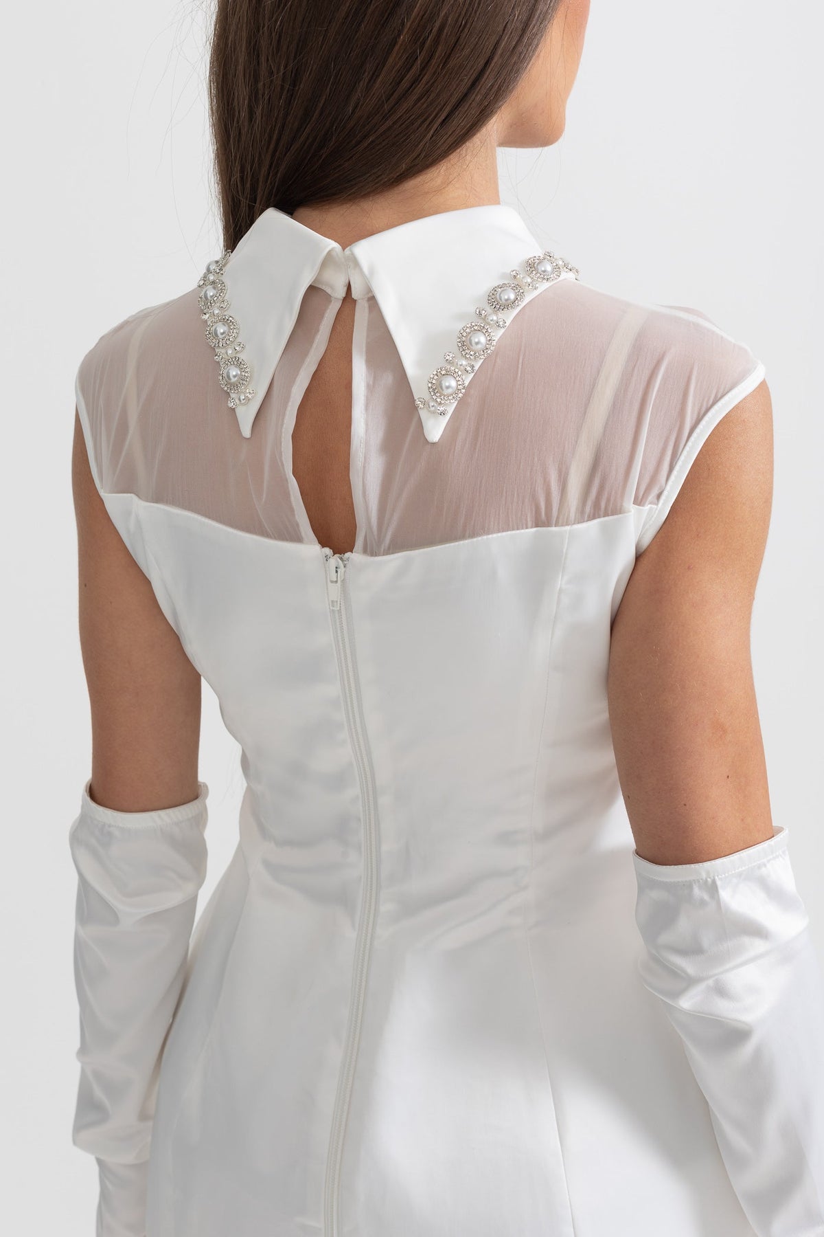 Satin Sleeveless Mini Dress With Matching Long Gloves - White