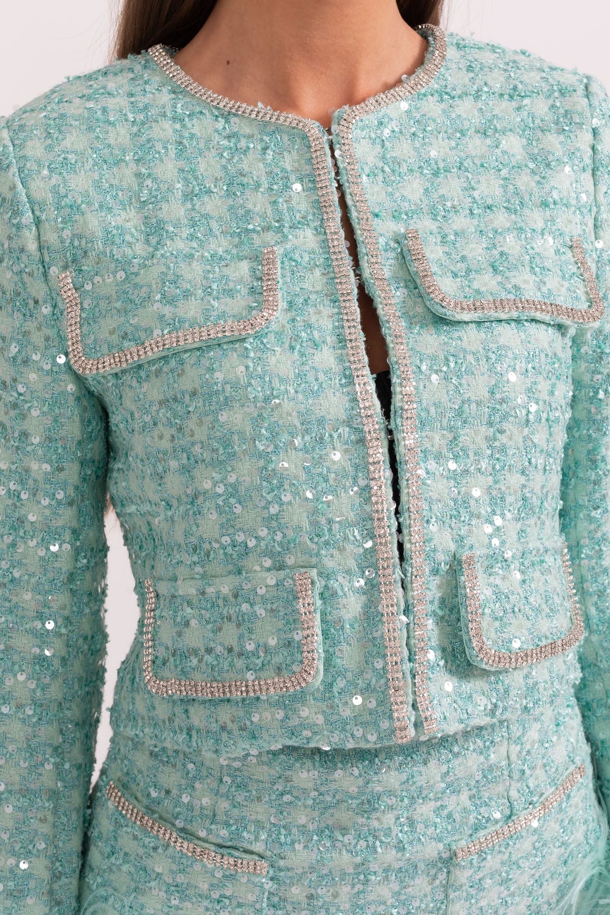 TIFFANY SPARKLING FEATHER EMBELLISHED SKIRT & VEST 2 PIECE CO-ORD - TIFFANY BLUE