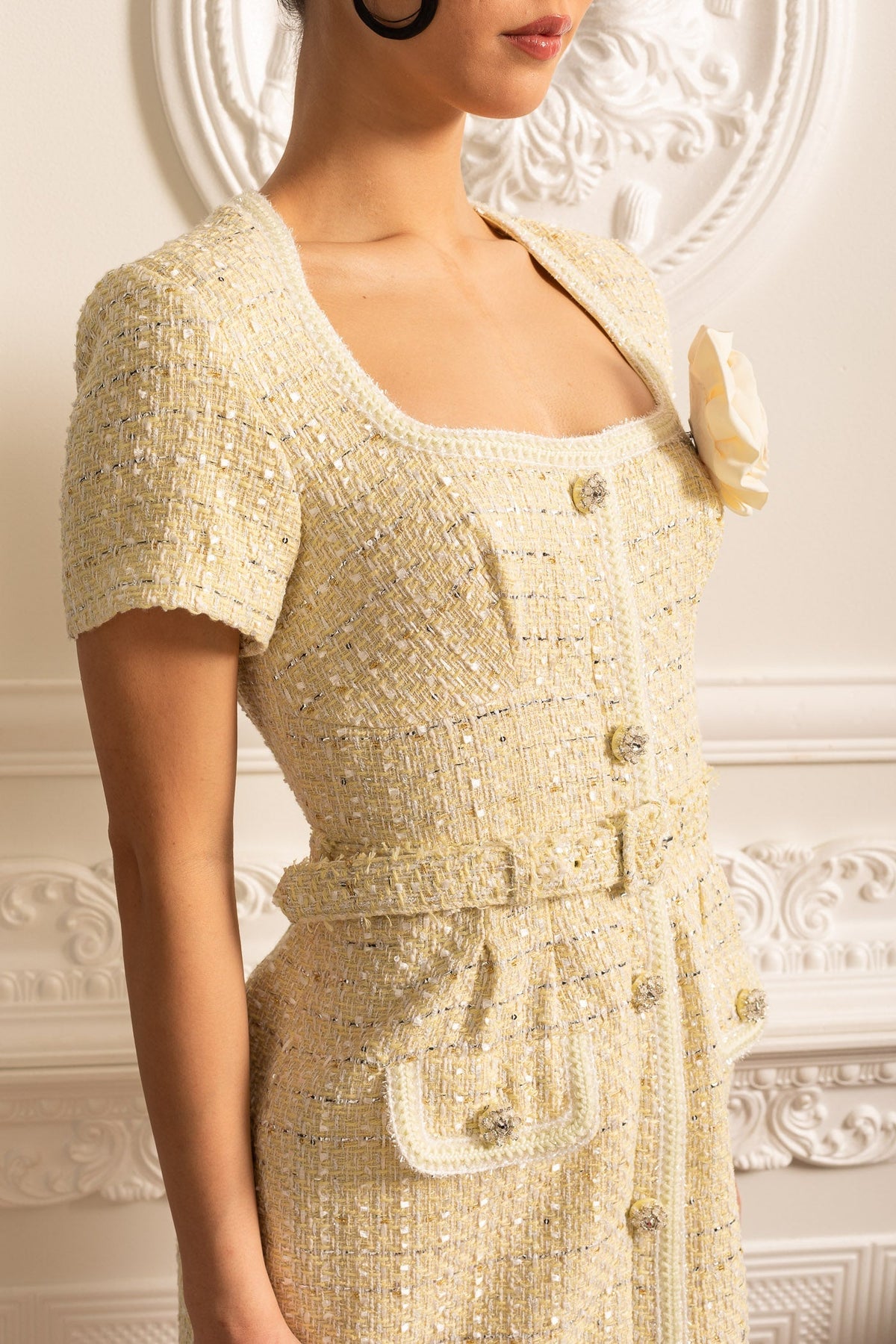 Textured Mini Dress With Matching Waistbelt And Floral Brooch - Beige
